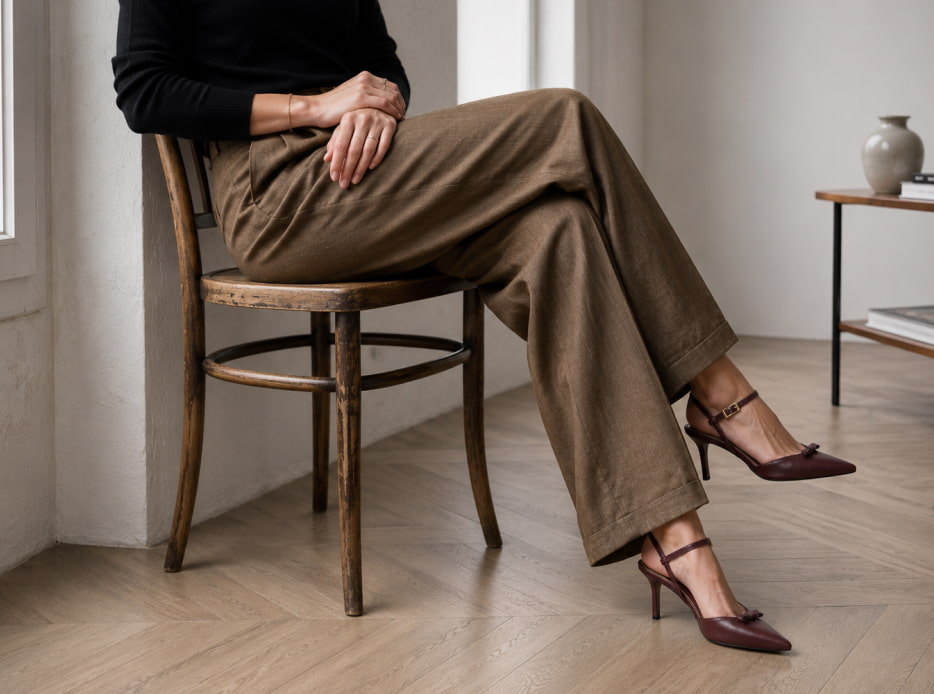 Imagen una mujer sentada usando pantalon cafe