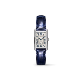 Reloj plateado rectangular con extensibles azul, LONGINES