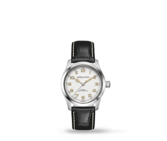 Reloj plateado con correa negra. HAMILTON