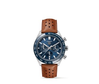 reloj con correa cafe y caratula azul