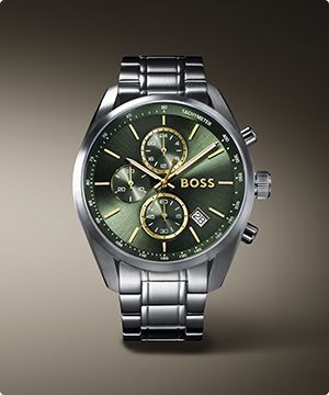 Imagen de un reloj plateado con caratula color verde la marca BOSS banner menu