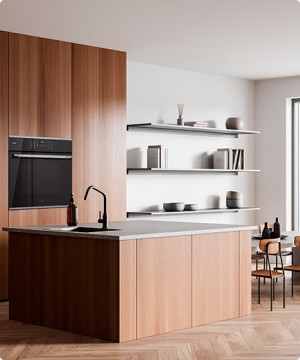 Imagen de una cocina con productos de la marca GE PROFILE, banner menu