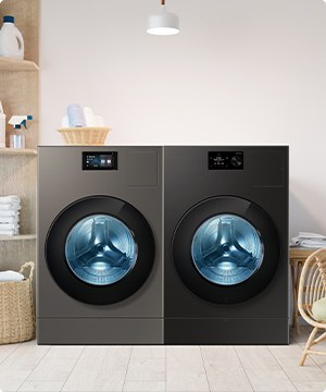 Imagen de un cuarto de lavado conde se encuentra una lavadora y secadora negras de la marca SAMSUNG, banner menu