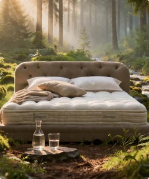 Imagen de una cama color beige en medio de un bosque, EL PALACIO DEL DESCANSO, banner menu