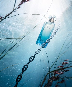 Imagen de un frasco de perfume de la marca HERMÉS que se encuentra bajo del agua. banner menu