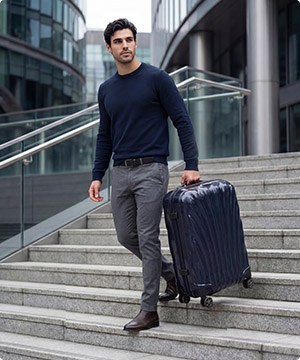 Imagen de un hombre bajando unas escaleras, lleva una maleta rigida de la marca SAMSONITE 
