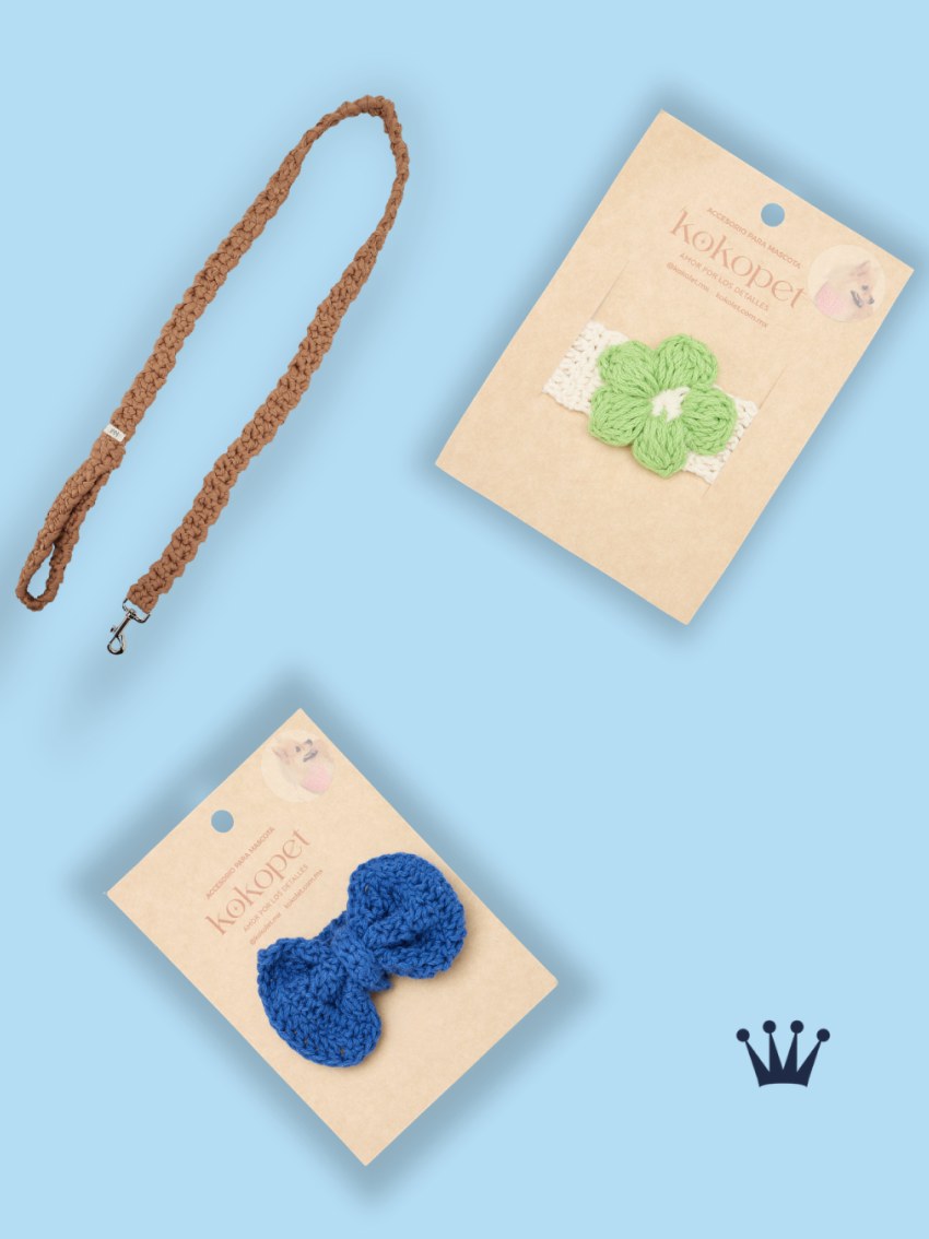 Correa café y moños de accesorios para el cabello de mascotas