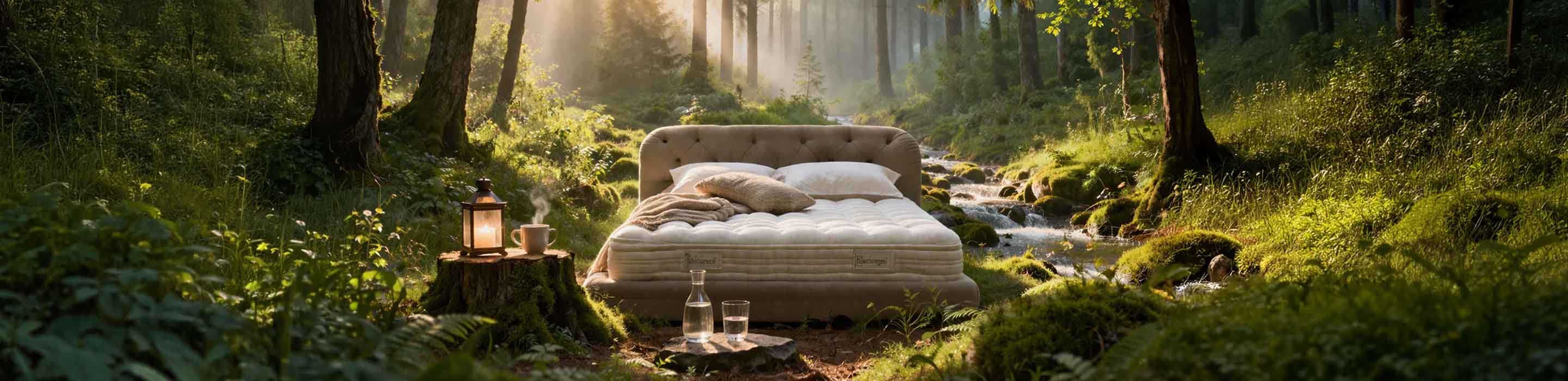 cama cafe en el bosque junto a tocon de arbol con una taza de cafe y una lampara, Palacio Del Descanso