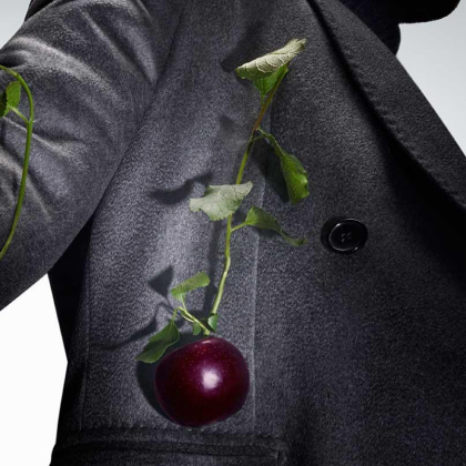 hombre con saco color gris, en el lleva una ciruela roja