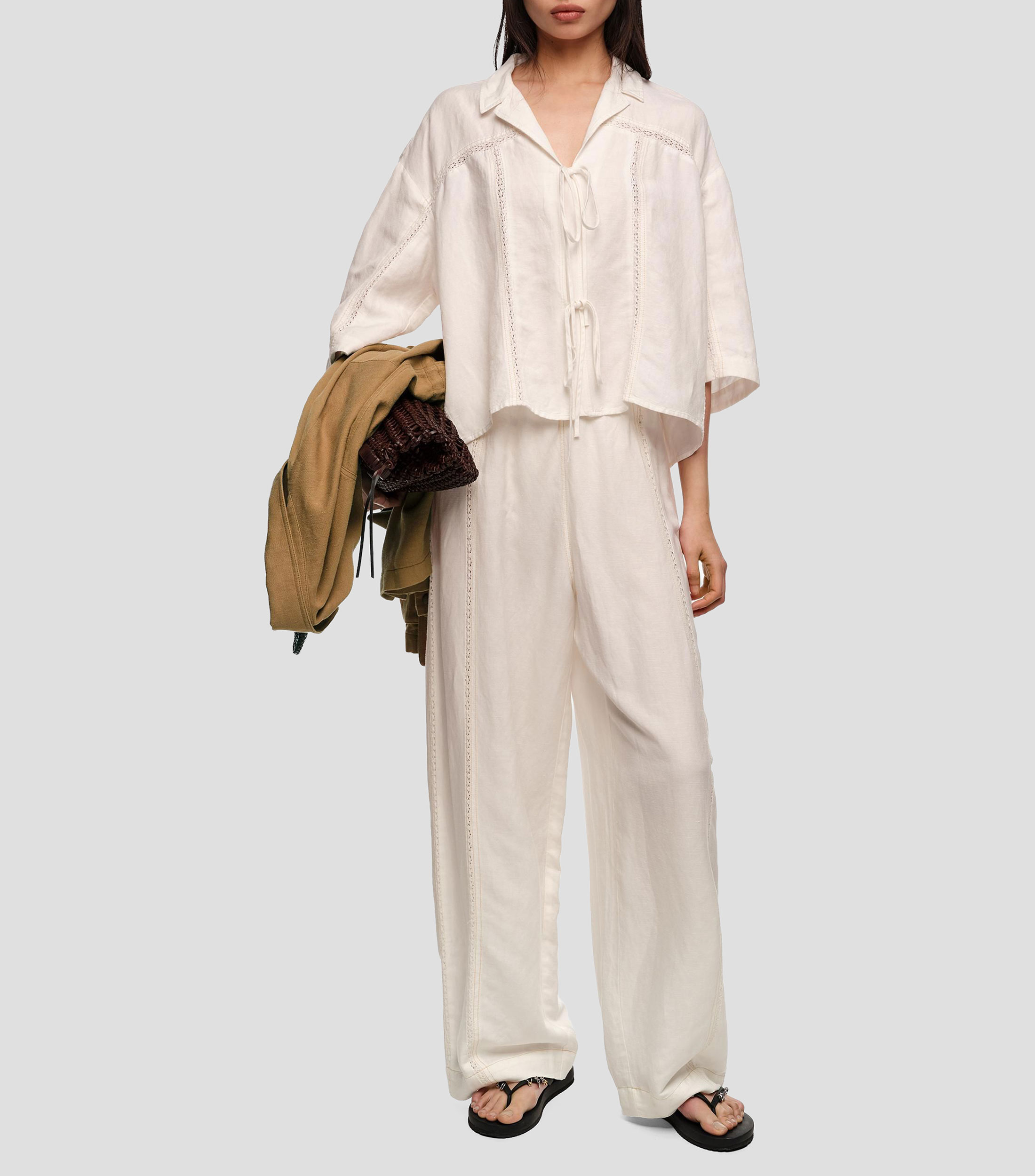 Camisa lazos y encajes lino Mujer