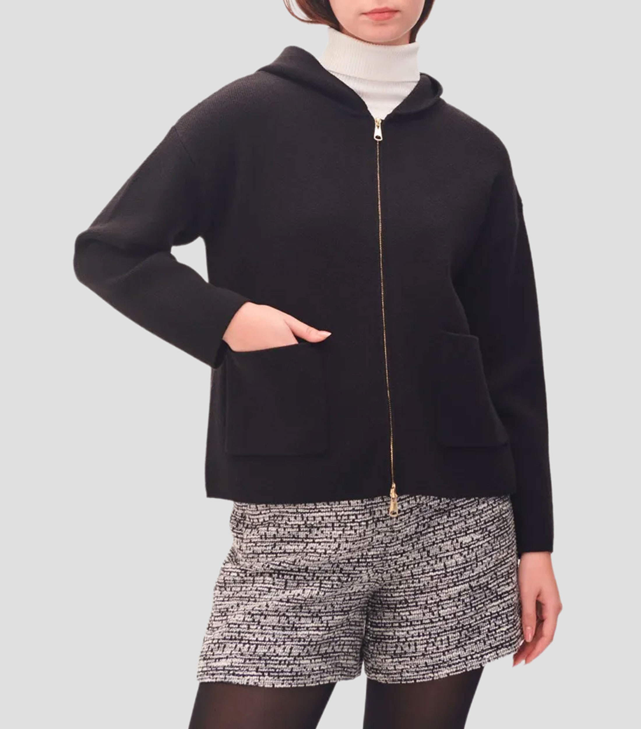 Suéter negro tejido tipo sudadera con cierre Mujer
