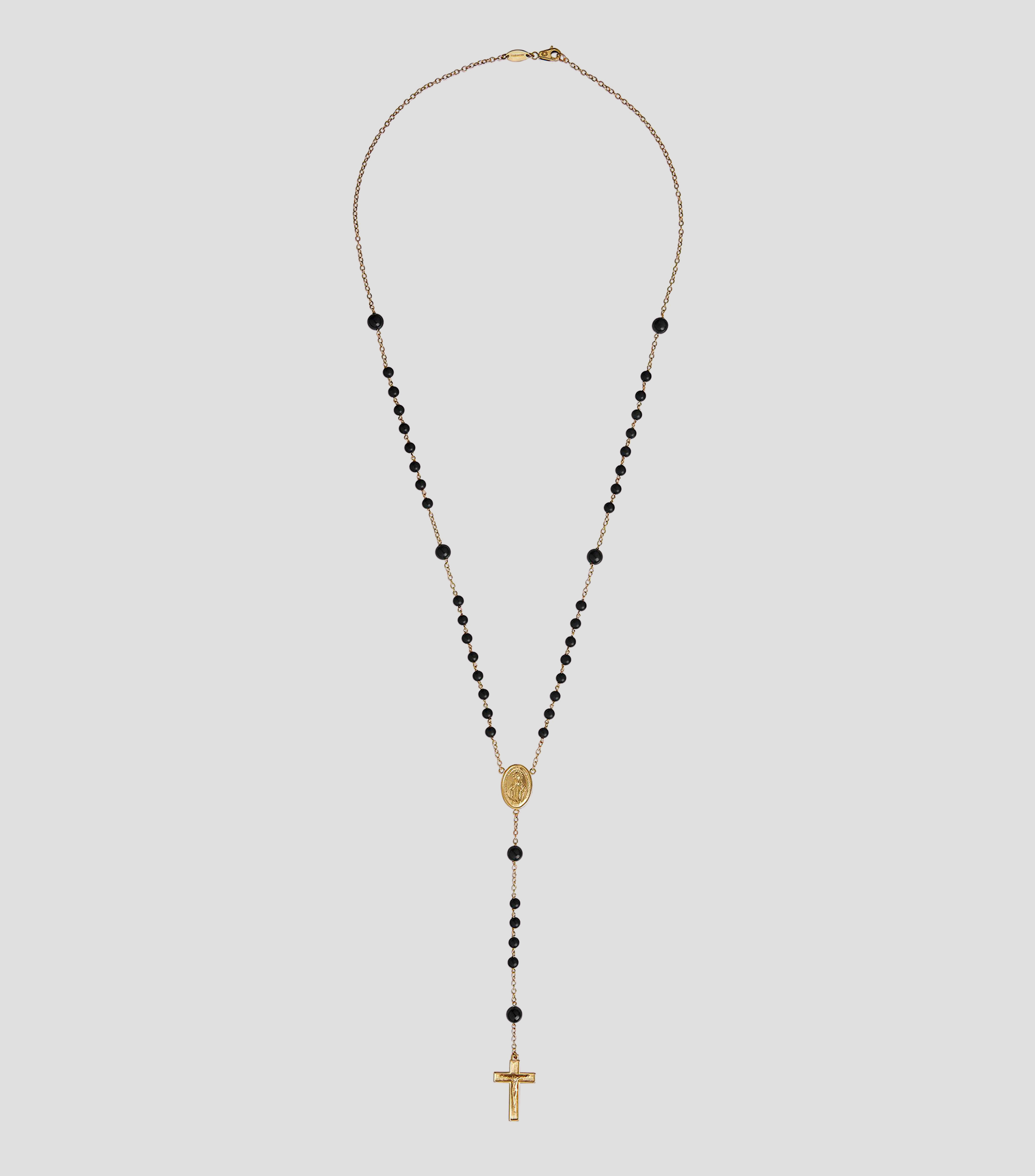 Collar con cruz en Oro amarillo de 18 Kilates estilo rosario con cuentas de jade negro y medalla de la Virgen Sicily Unisex