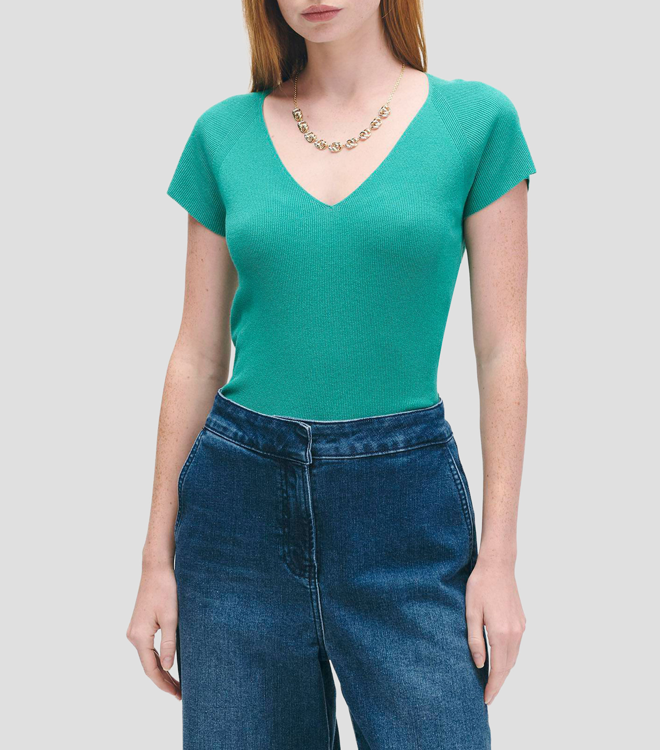 Blusa tejido de punto escote V manga corta ranglan en combinación Mujer