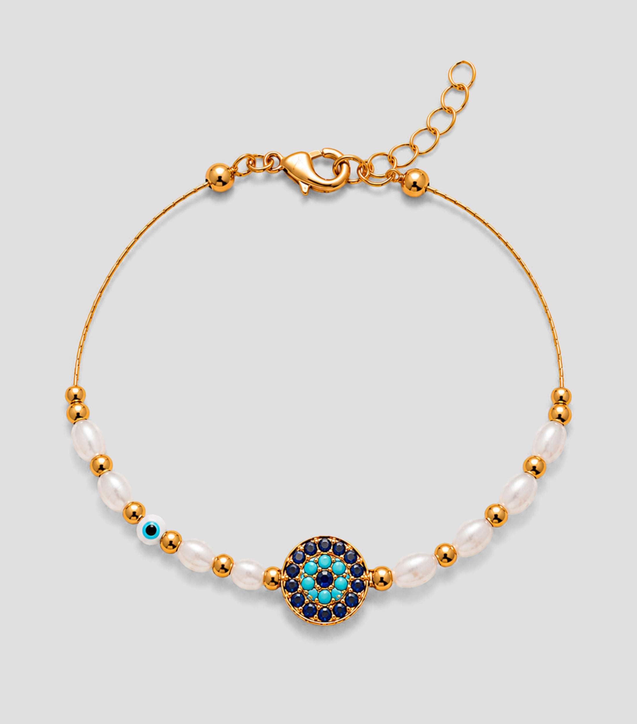 Pulsera dorada con perlas y dije circular de ojo turco Mujer