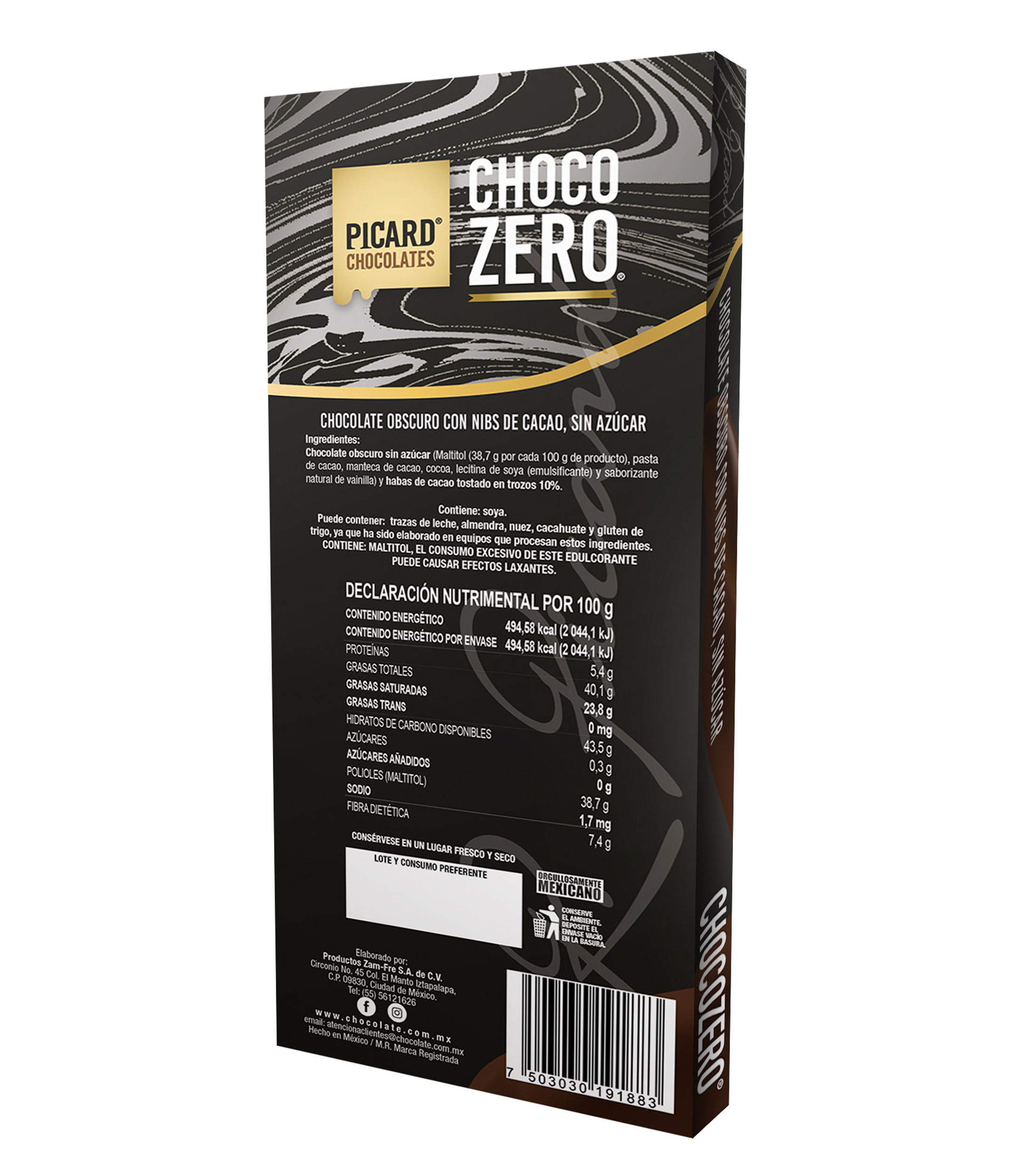 Barra de Chocolate Obscuro con nibs de cacao sin azúcar, 100 gr