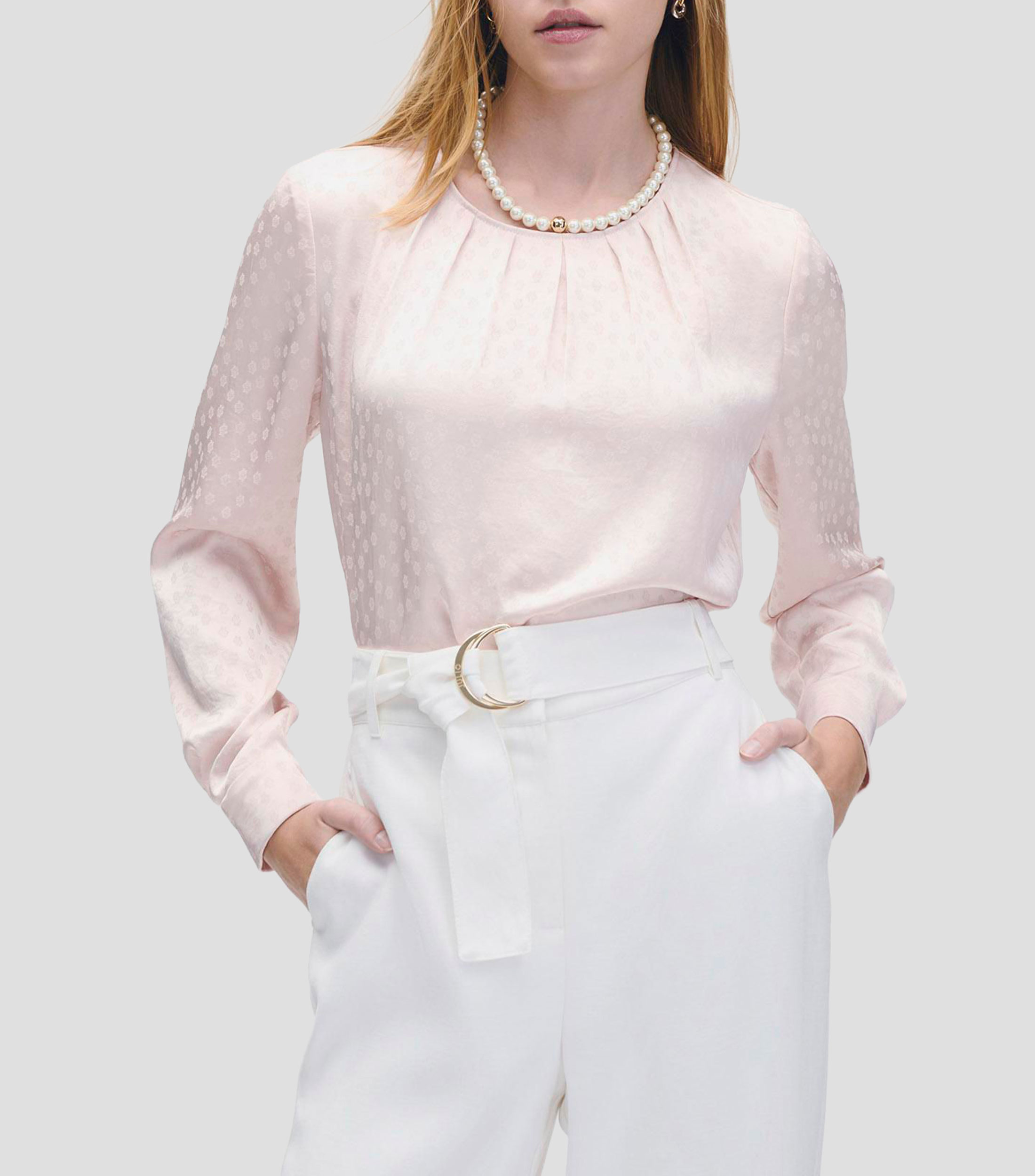 Blusa de satín rosa claro jacquard floral alforzas en escote Mujer