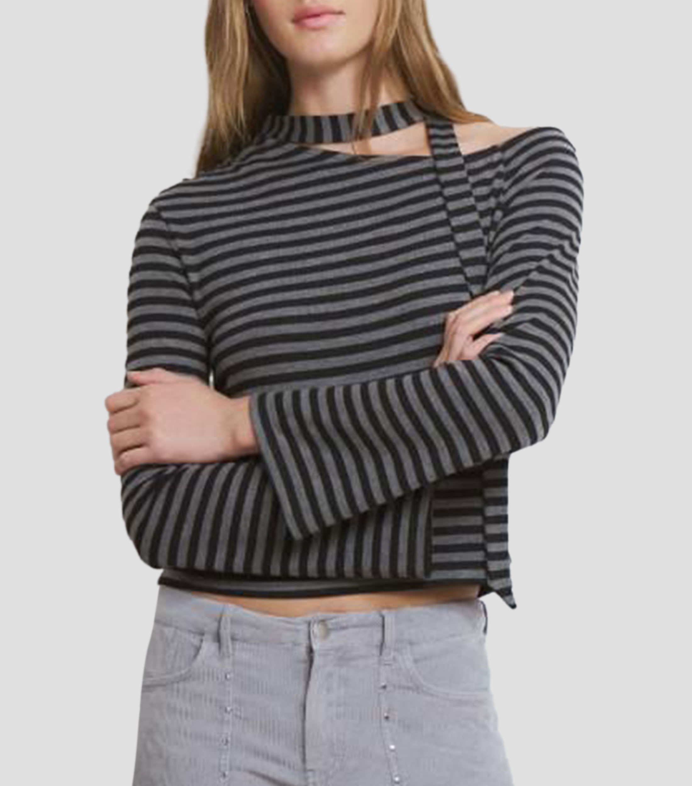 Playera cuello asimétrico manga larga a rayas Mujer