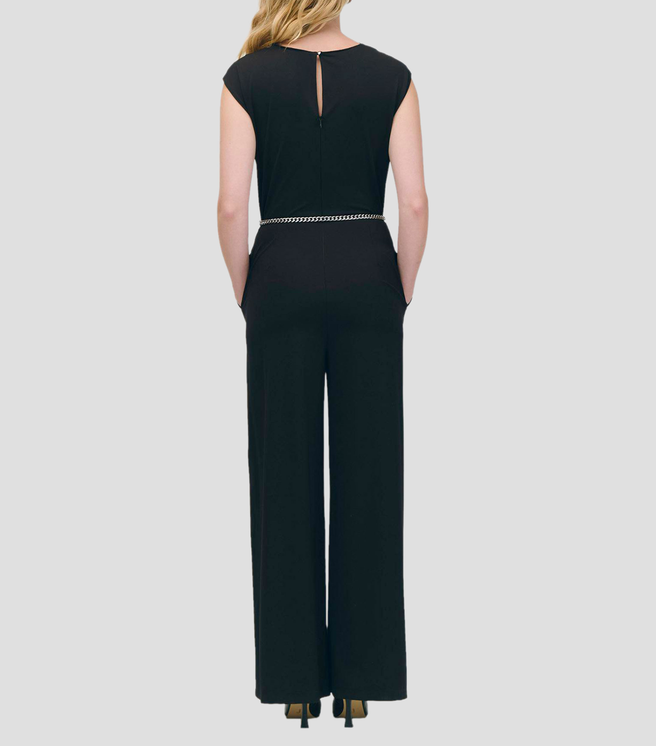 Jumpsuit Palazzo Negro Stretch Nudo En Escote Y Cadena Mujer