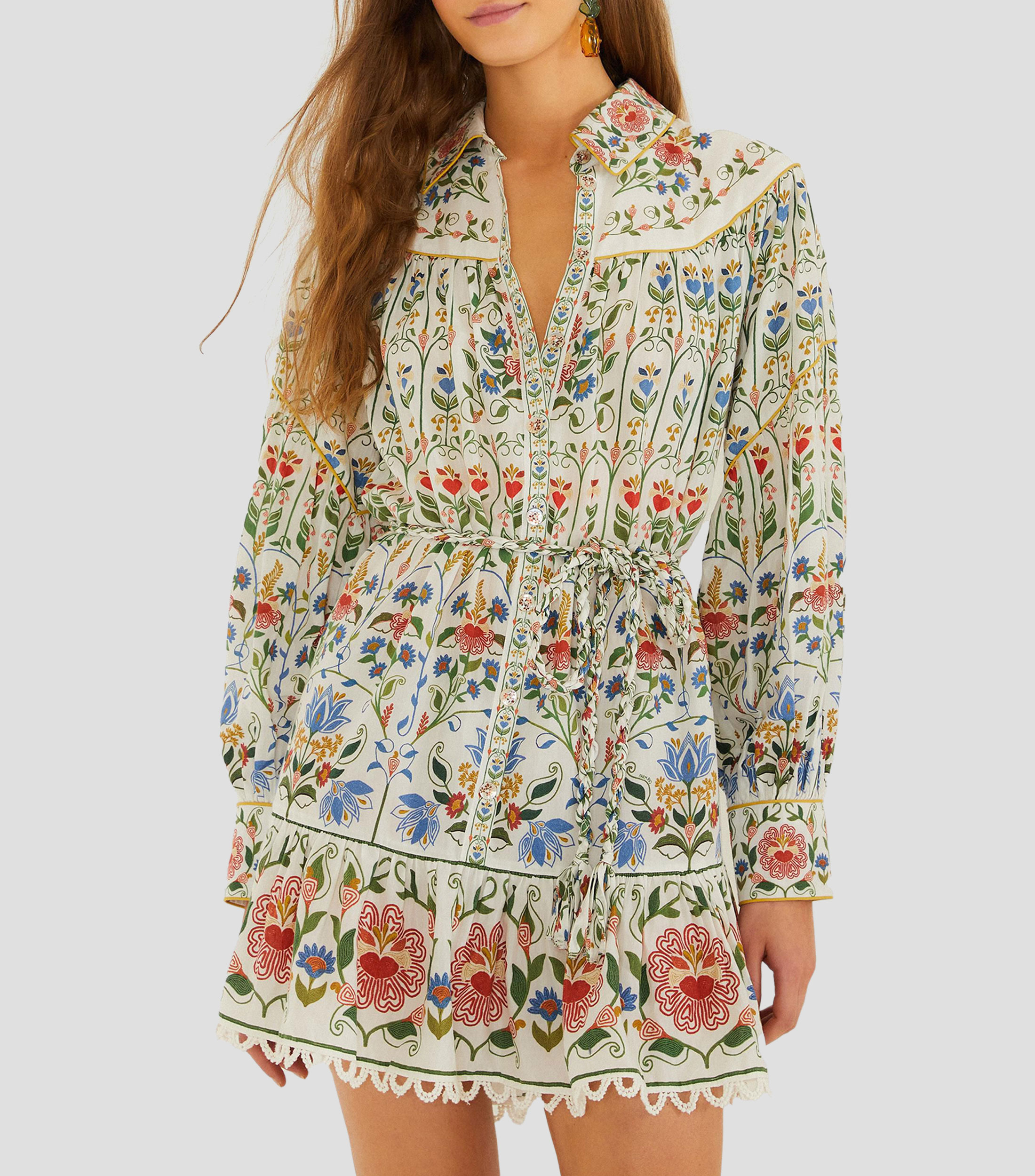 Vestido mini manga larga con diseño fantasía de flores Stitched Garden Mujer