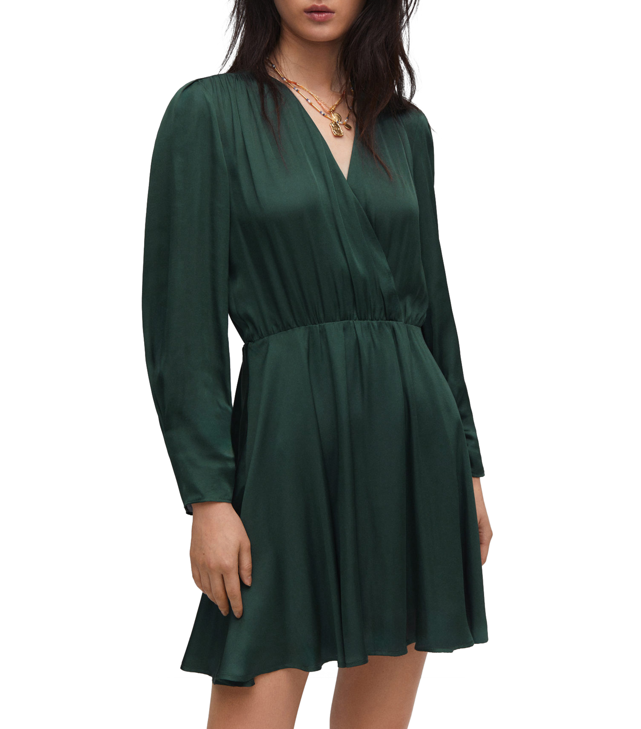 Elegante vestido largo con escote en V, mangas largas y cinturón