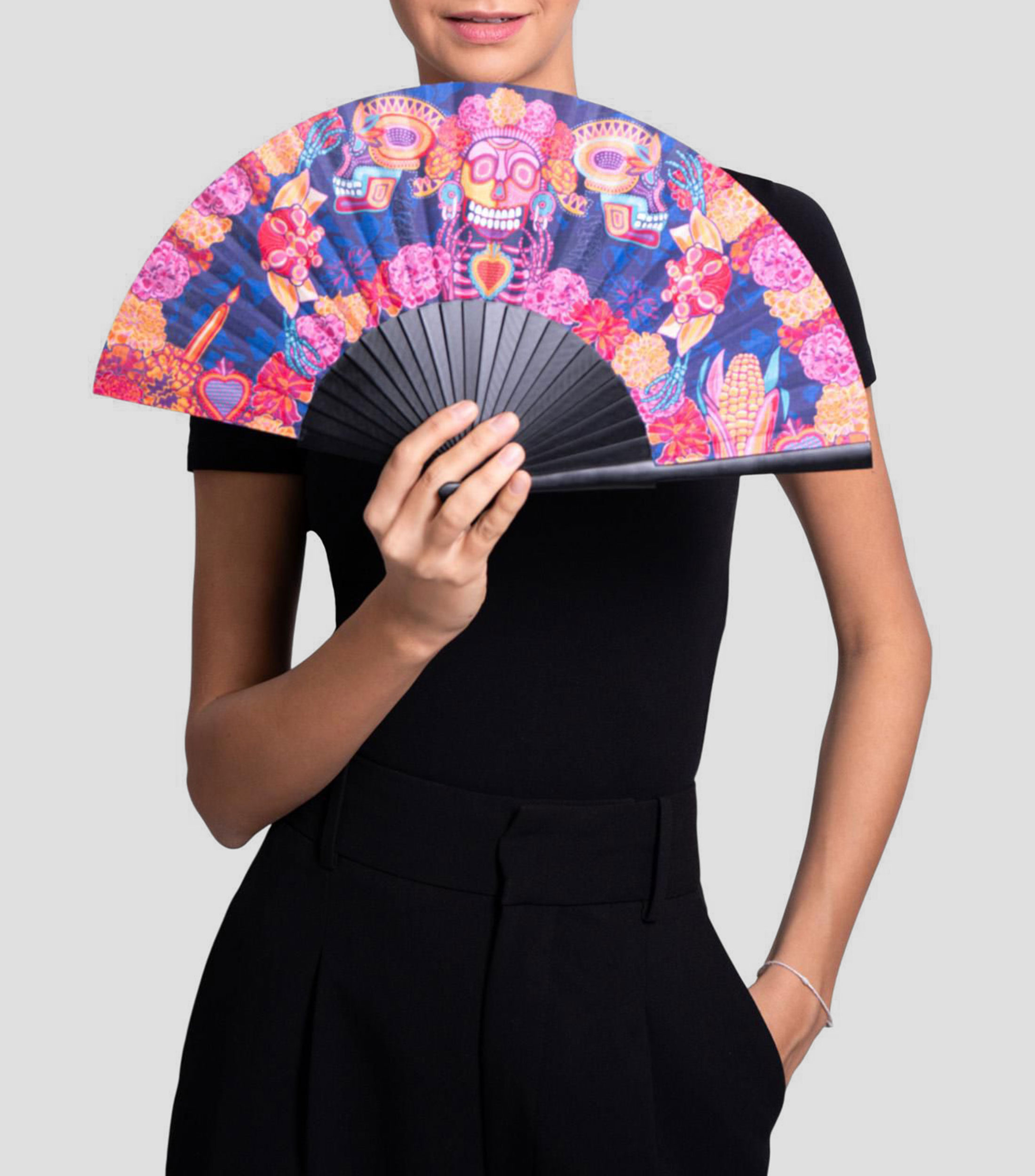 Abanico multicolor estampado Día de Muertos Catrina Mujer