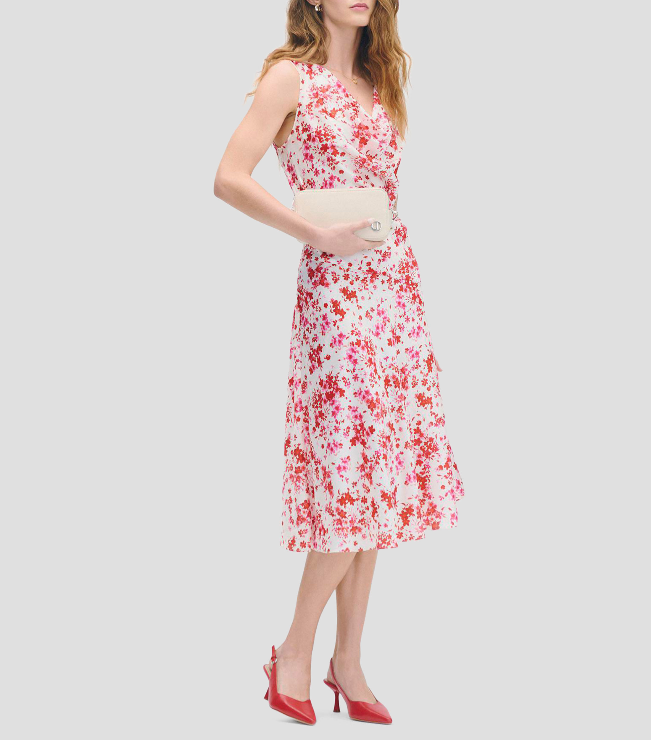 Vestido línea A de satín estampado floral magenta escote drapeado Mujer
