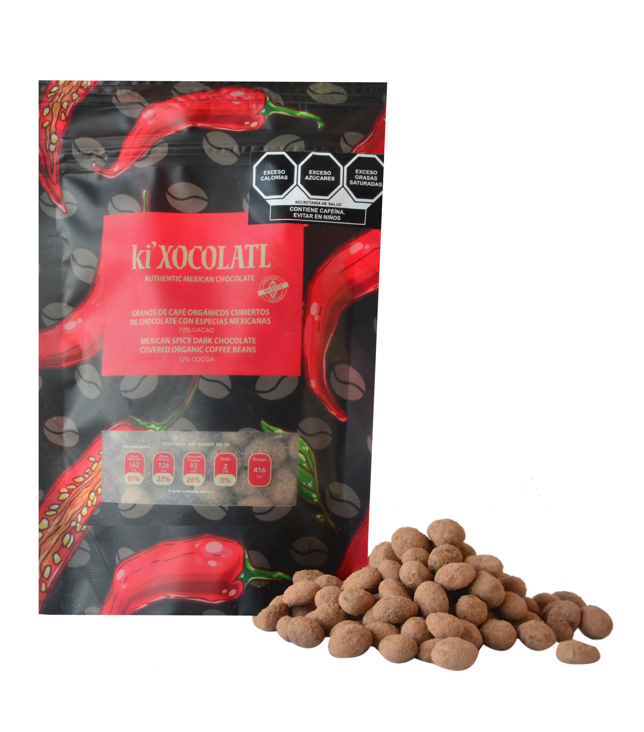 Granos de café orgánicos cubiertos chocolate, 100 g
