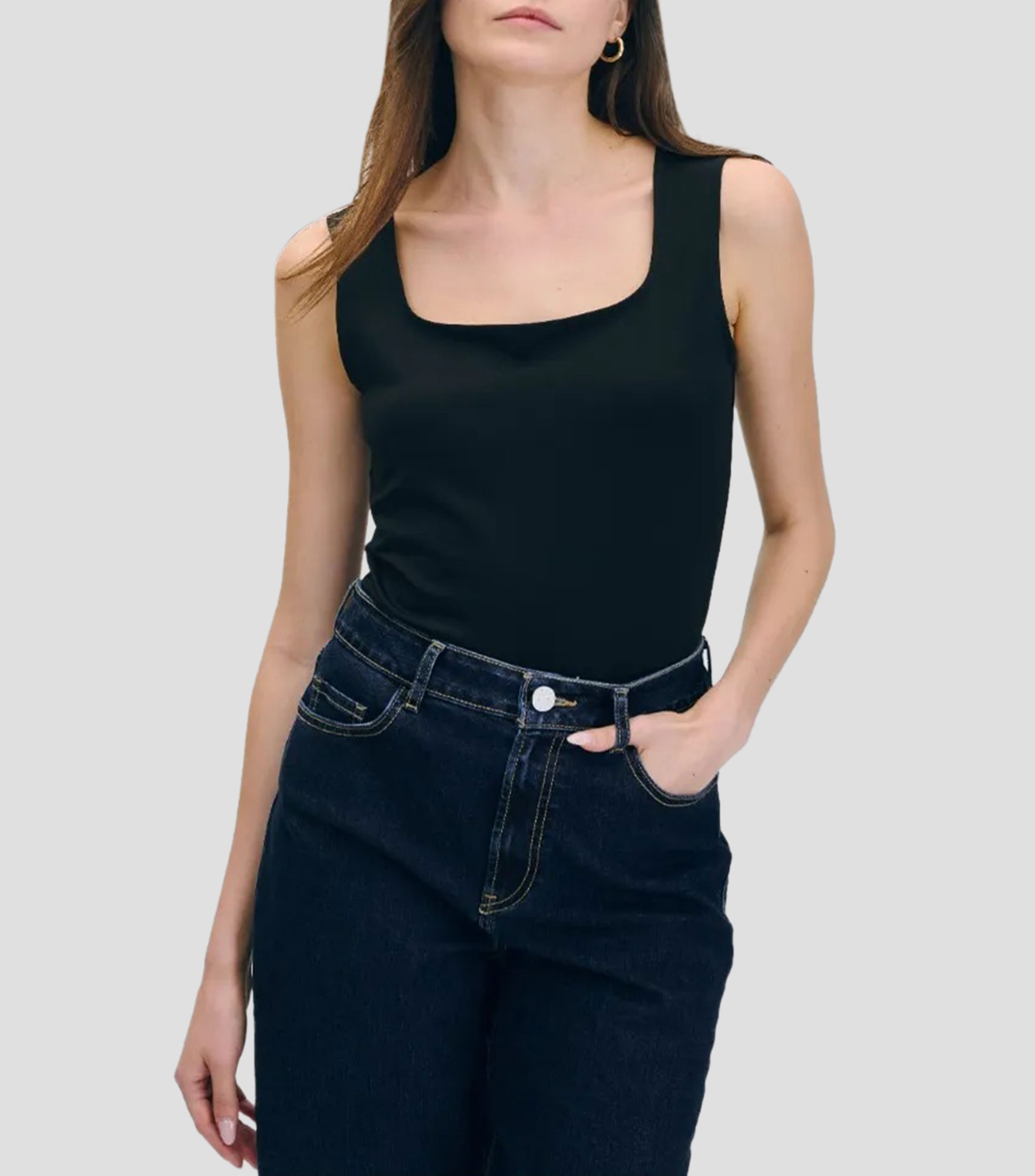 Top Negro Basico Escote Cuadrado Tirante Ancho Mujer