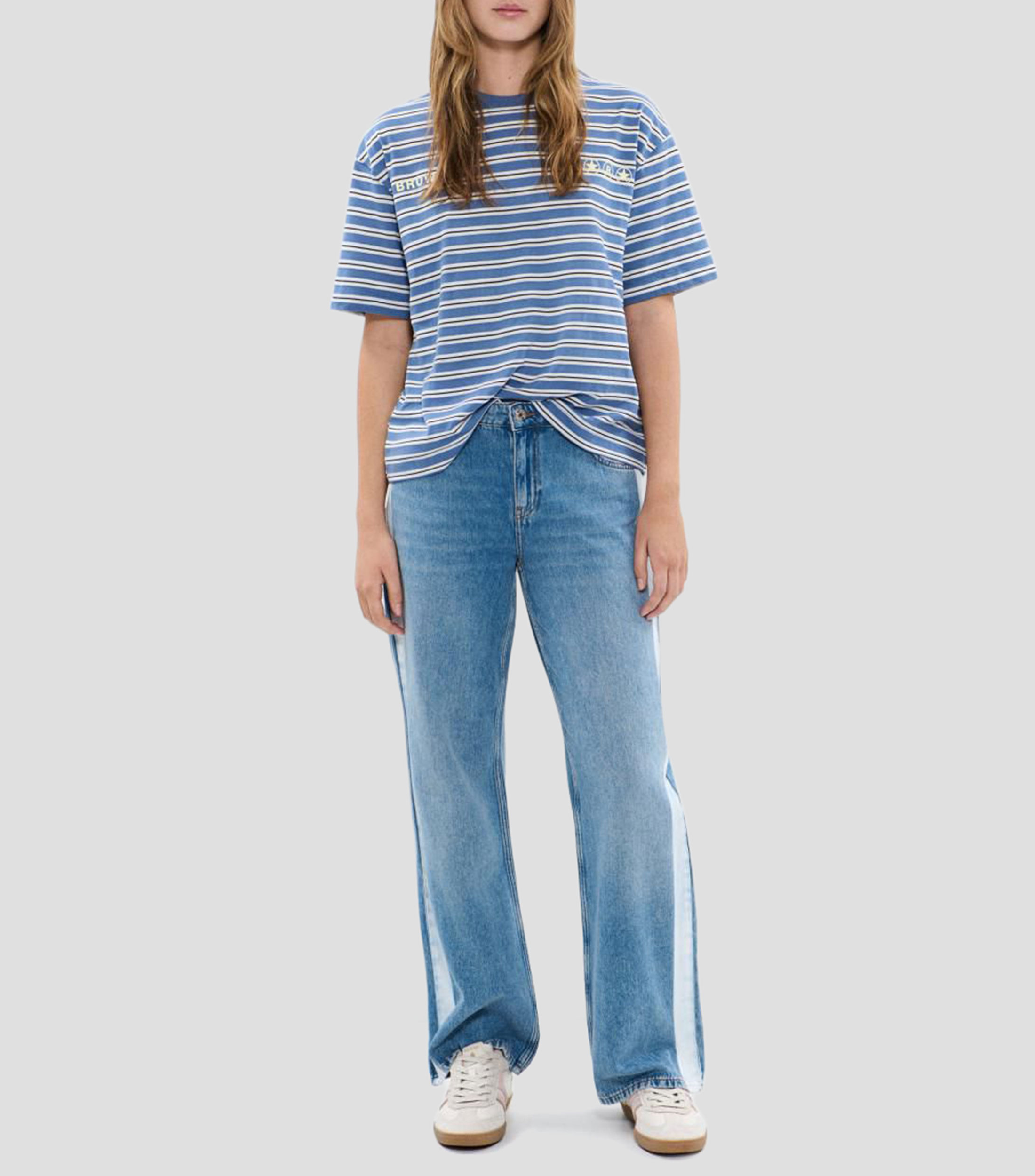 Playera cuello redondo manga corta con rayas Mujer