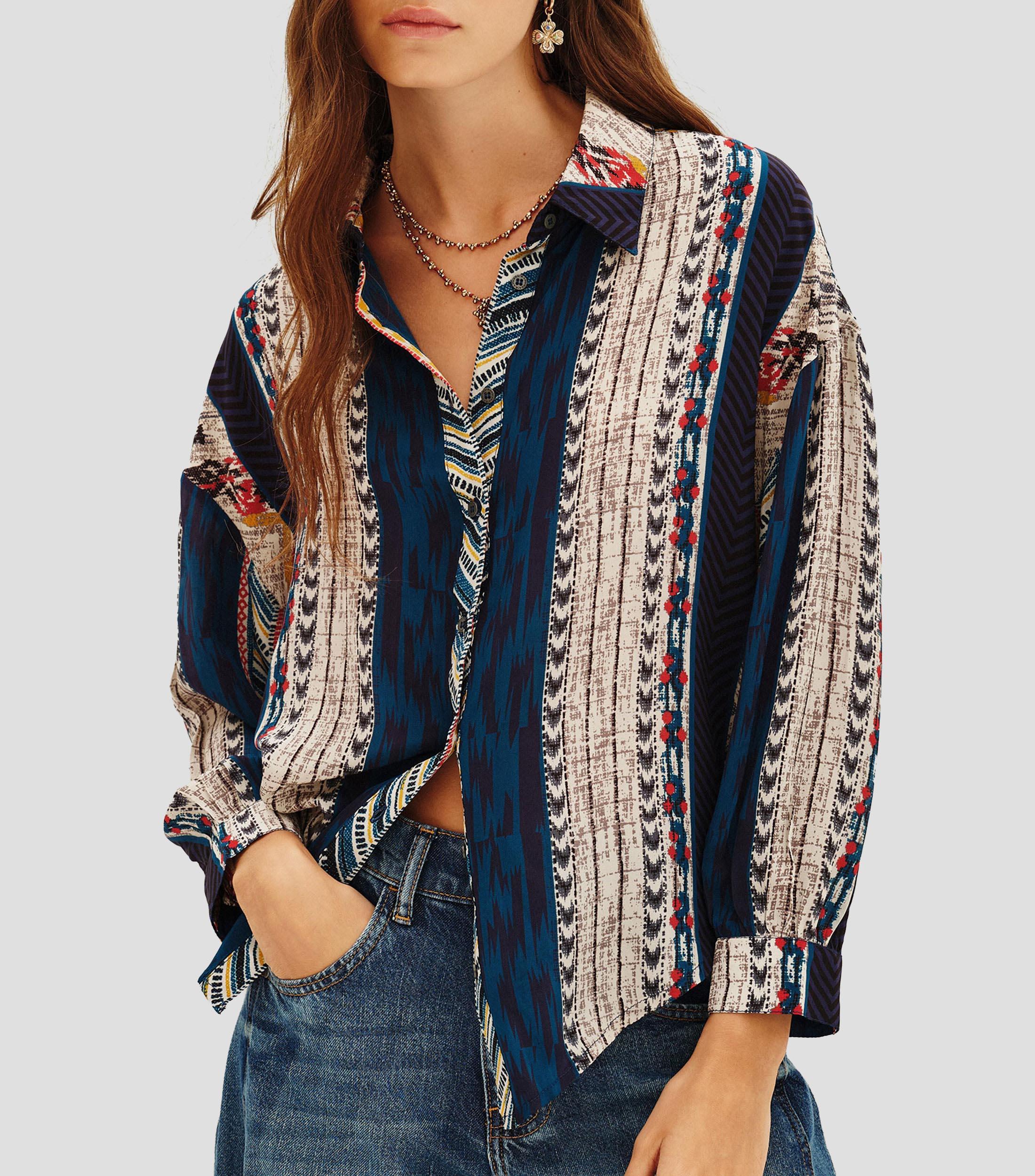 Camisa estampada manga larga Mujer