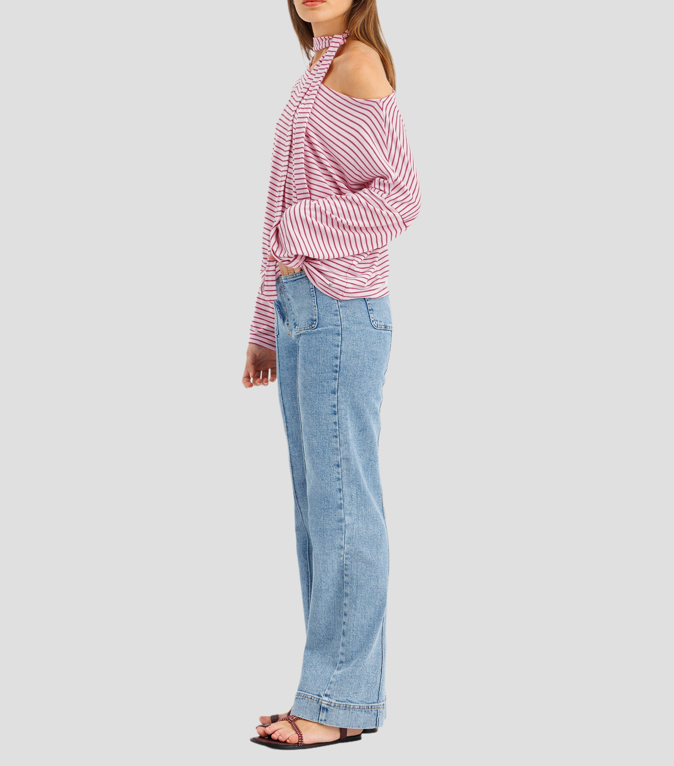 Top cuello asimétrico manga larga de rayas Mujer
