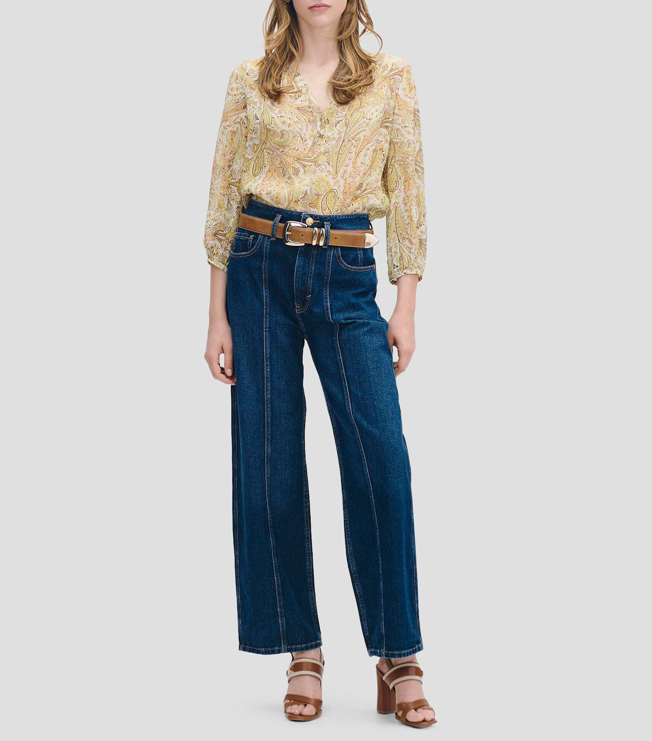 Blusa de chifón corrugado estampado paisleys jareta en ruedo Mujer