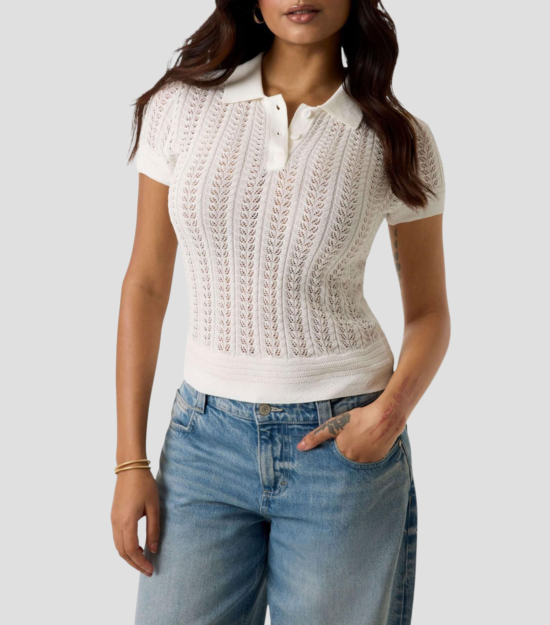Playera Tipo Polo Manga Corta Pointelle Vienna Liso Mujer