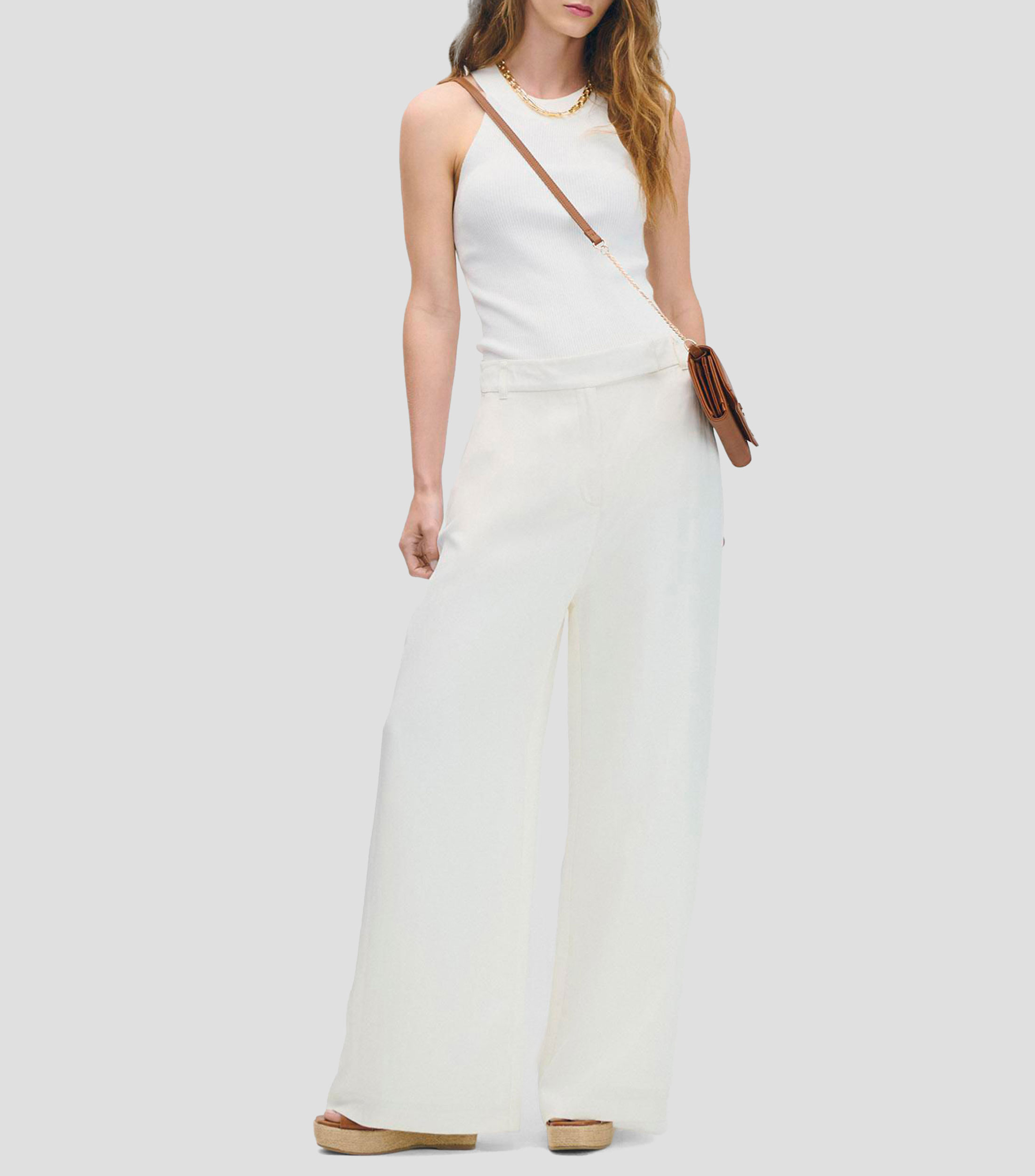 Pantalón palazzo tiro alto de lino natural pretina pasada Mujer