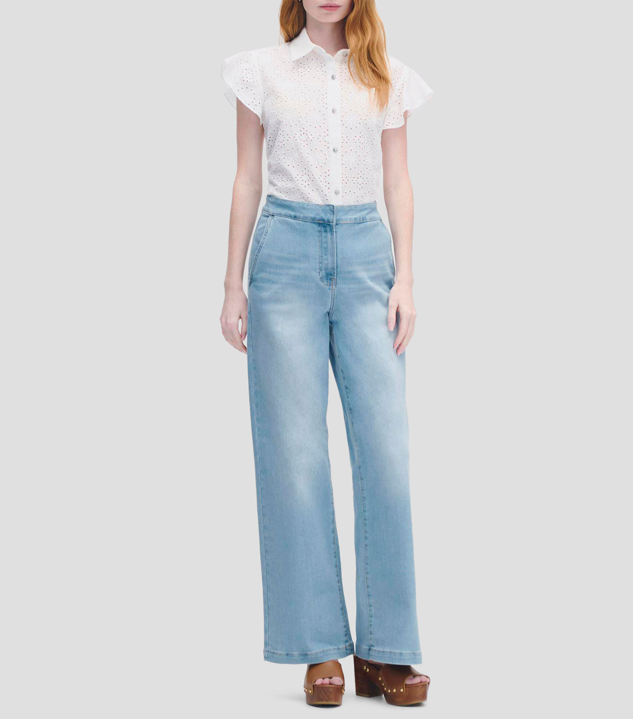 Blusa Blanca Cuello Camisero Bordado Floral Calado Manga Escarola Mujer
