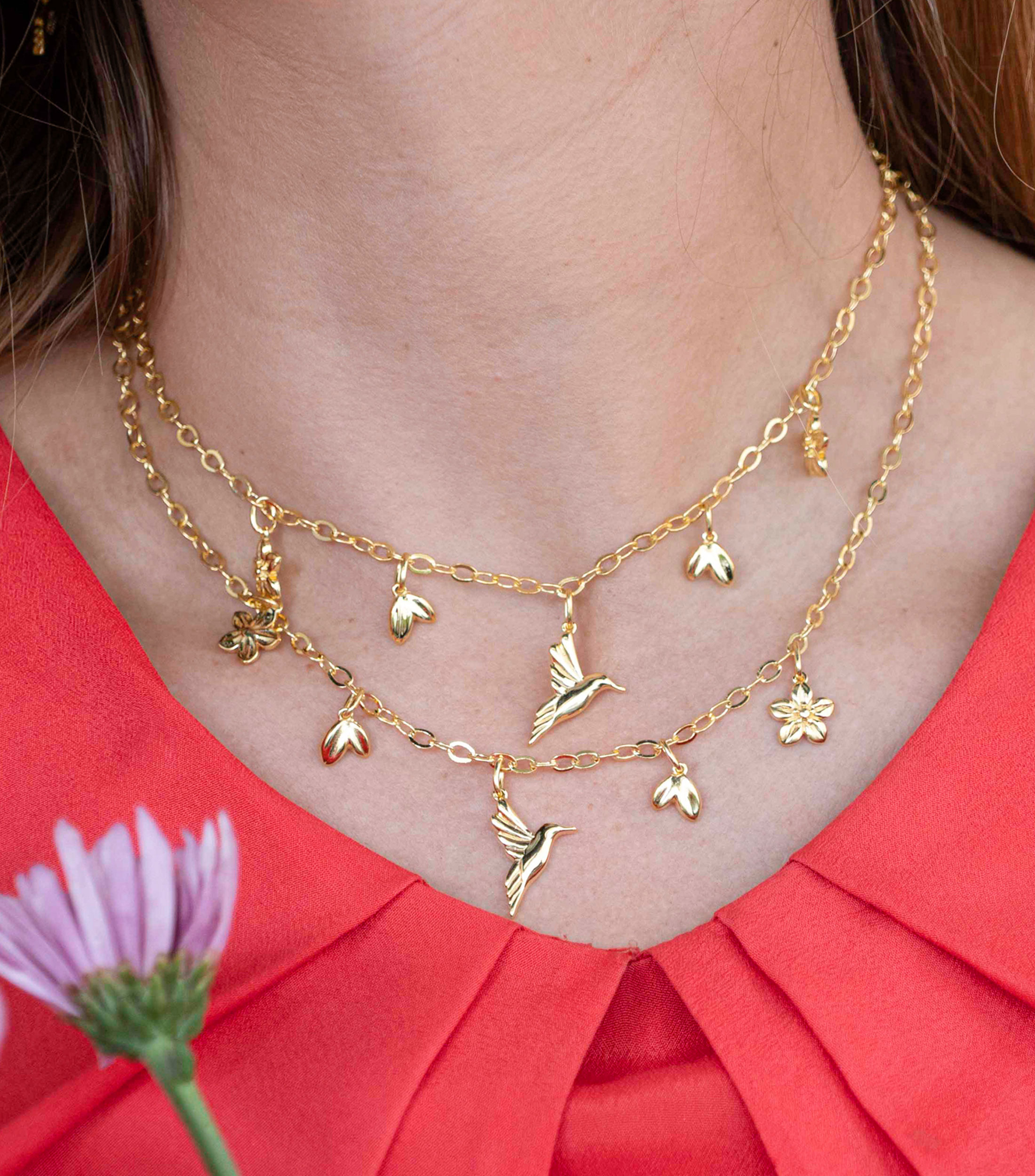 Collar con colibrí, corazones y flores Mujer