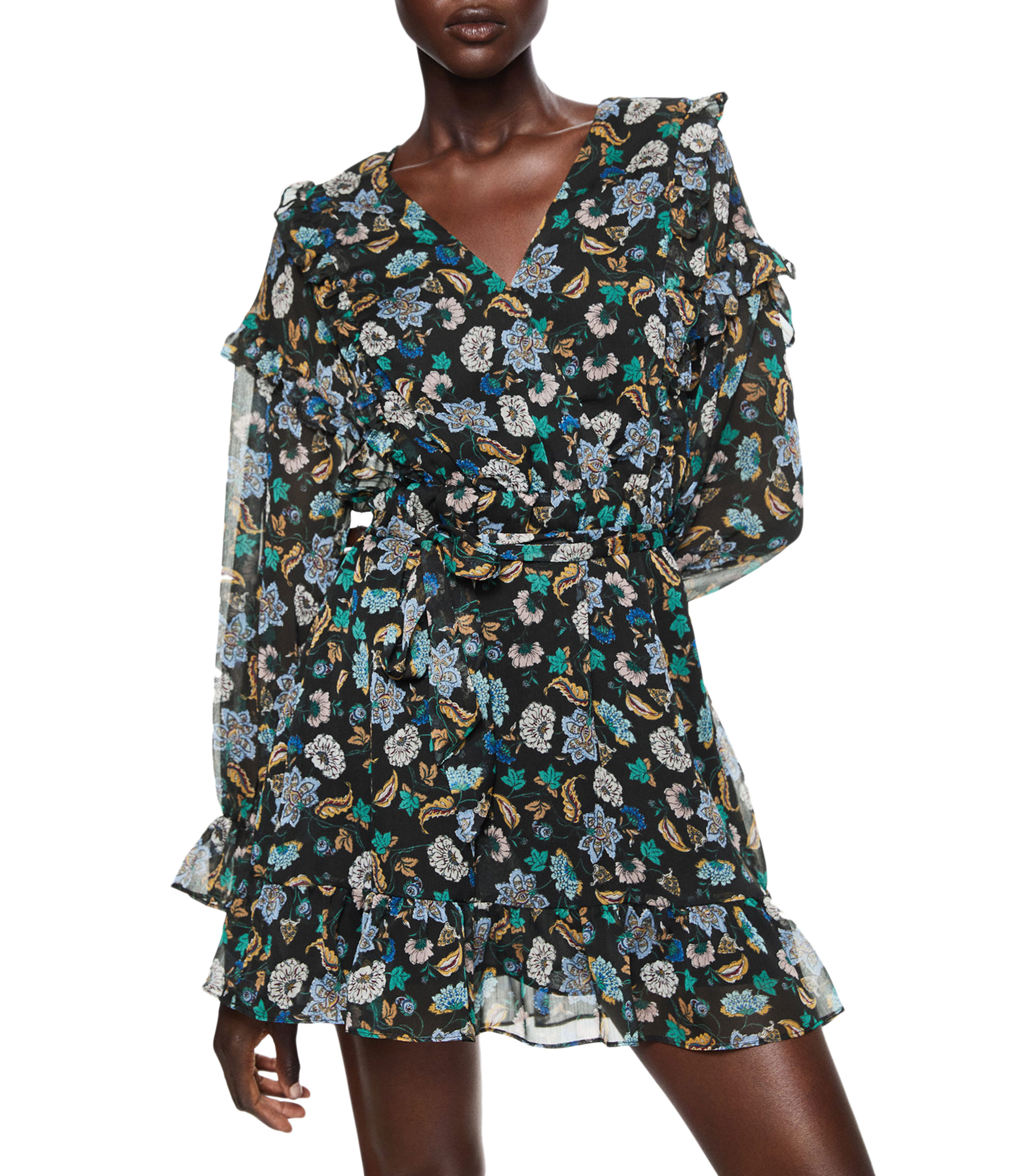 Vestido mini de manga larga Sevila en cupro con flor Diamante gris oscuro