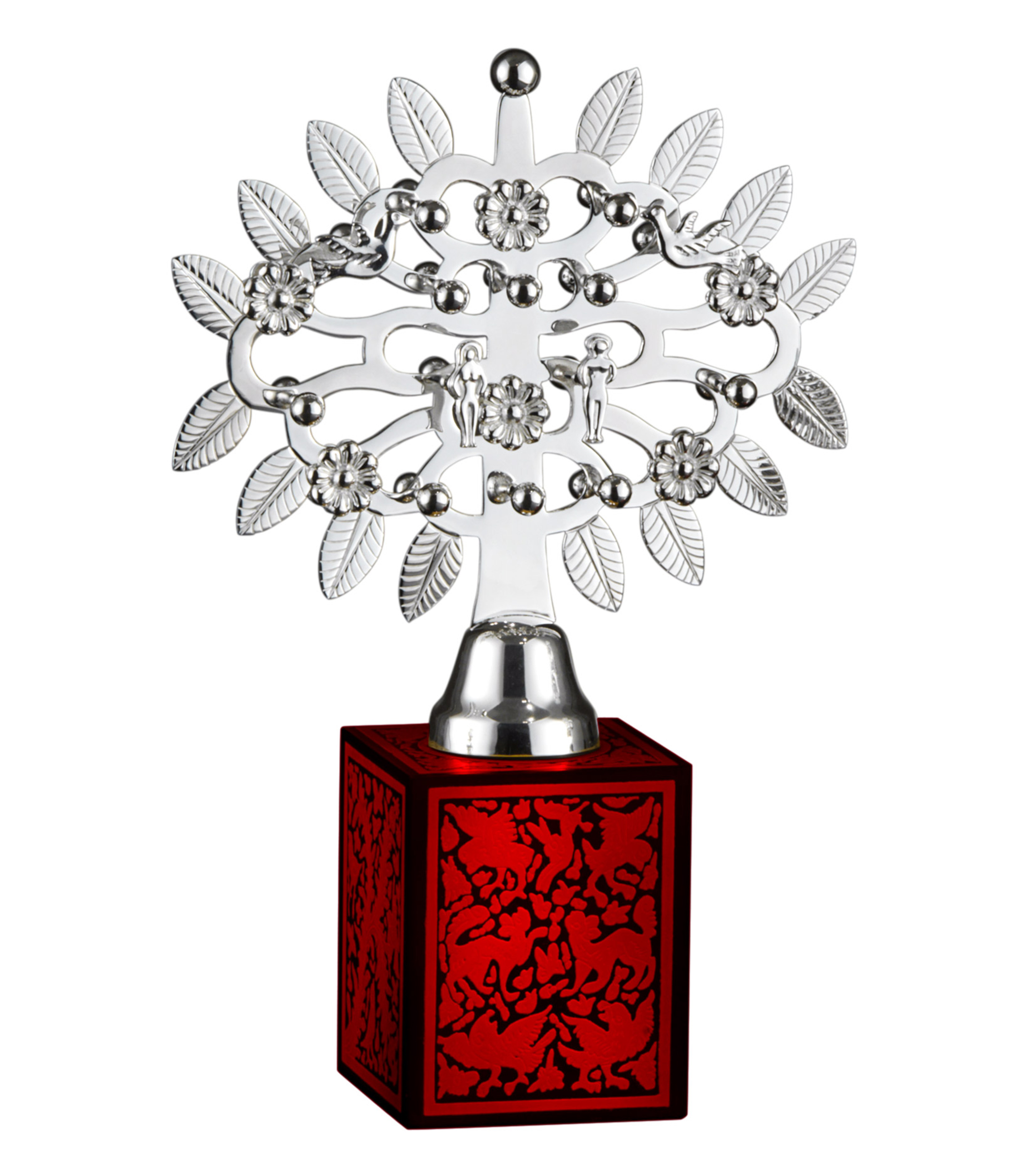 Figura Decorativa Arbol de la Vida mediano base roja en bano de plata