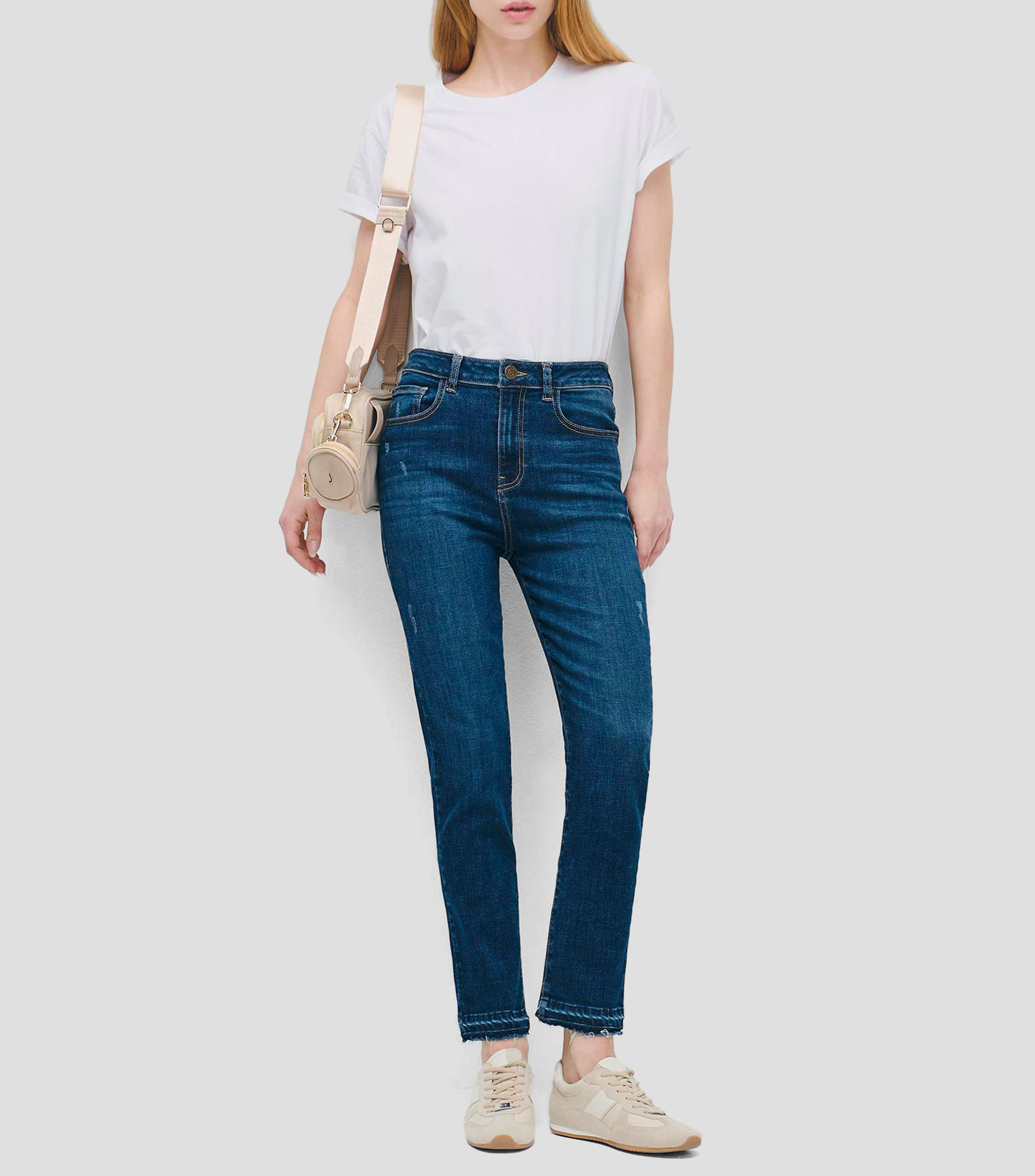 Jeans Skinny Tiro Alto Índigo Con Destrucción Y Deshilado Mujer