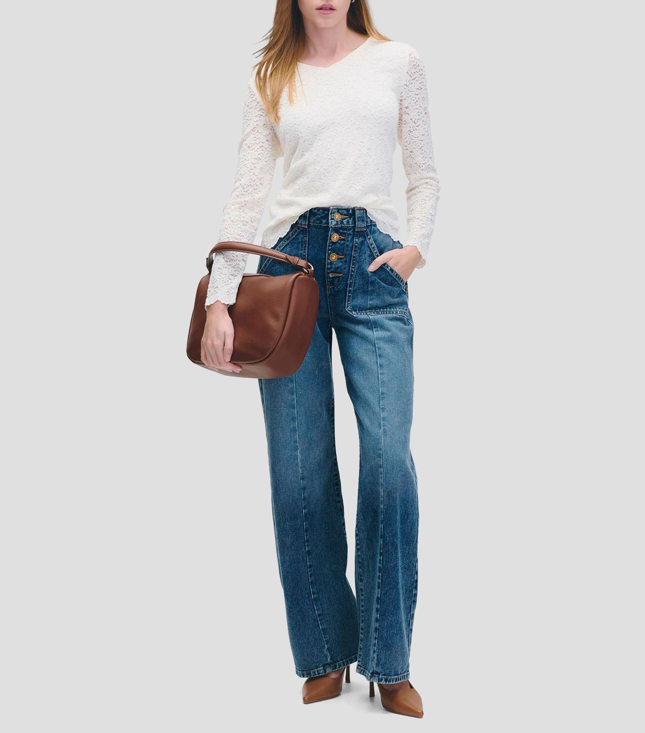 Blusa encaje de punto floral escote V Mujer