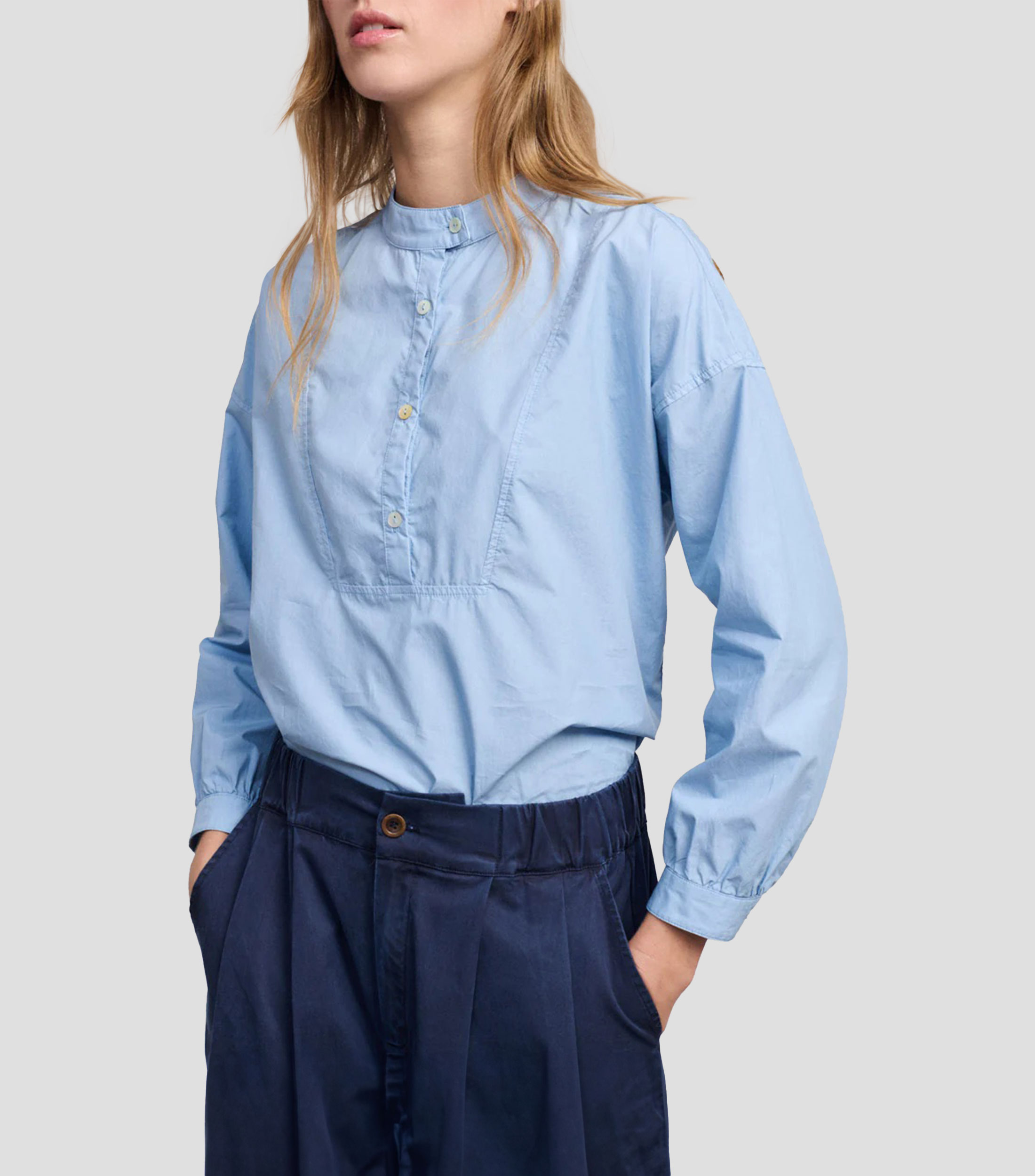 Camisa lisa cuello mao manga larga Mujer