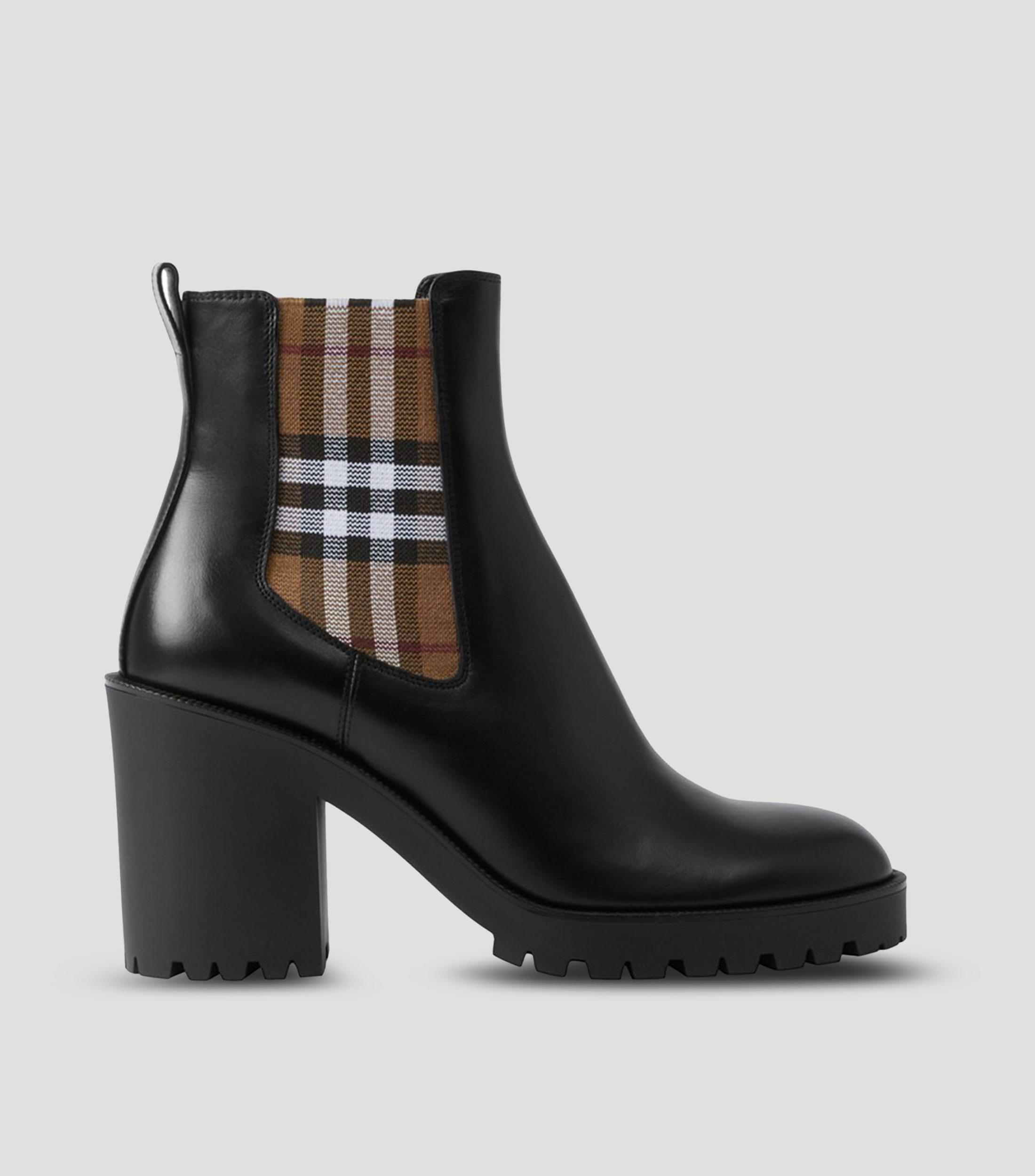 Botines casuales en piel con tacón alto y ancho cuadros Check Mujer