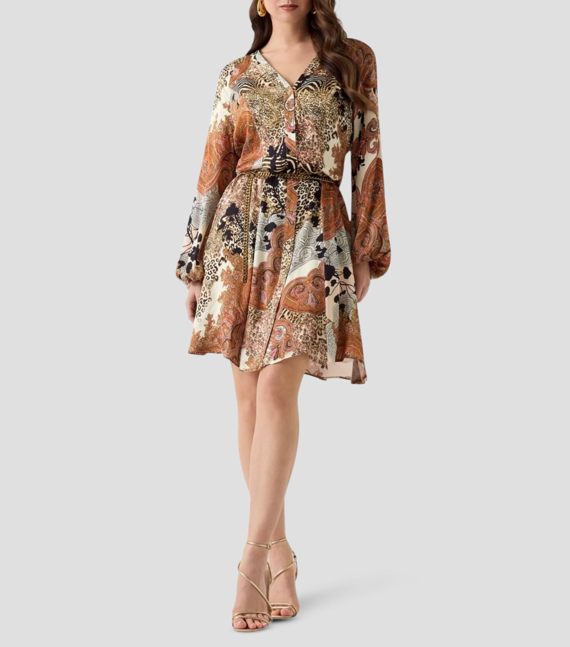 Vestido corto manga larga estampado Mujer