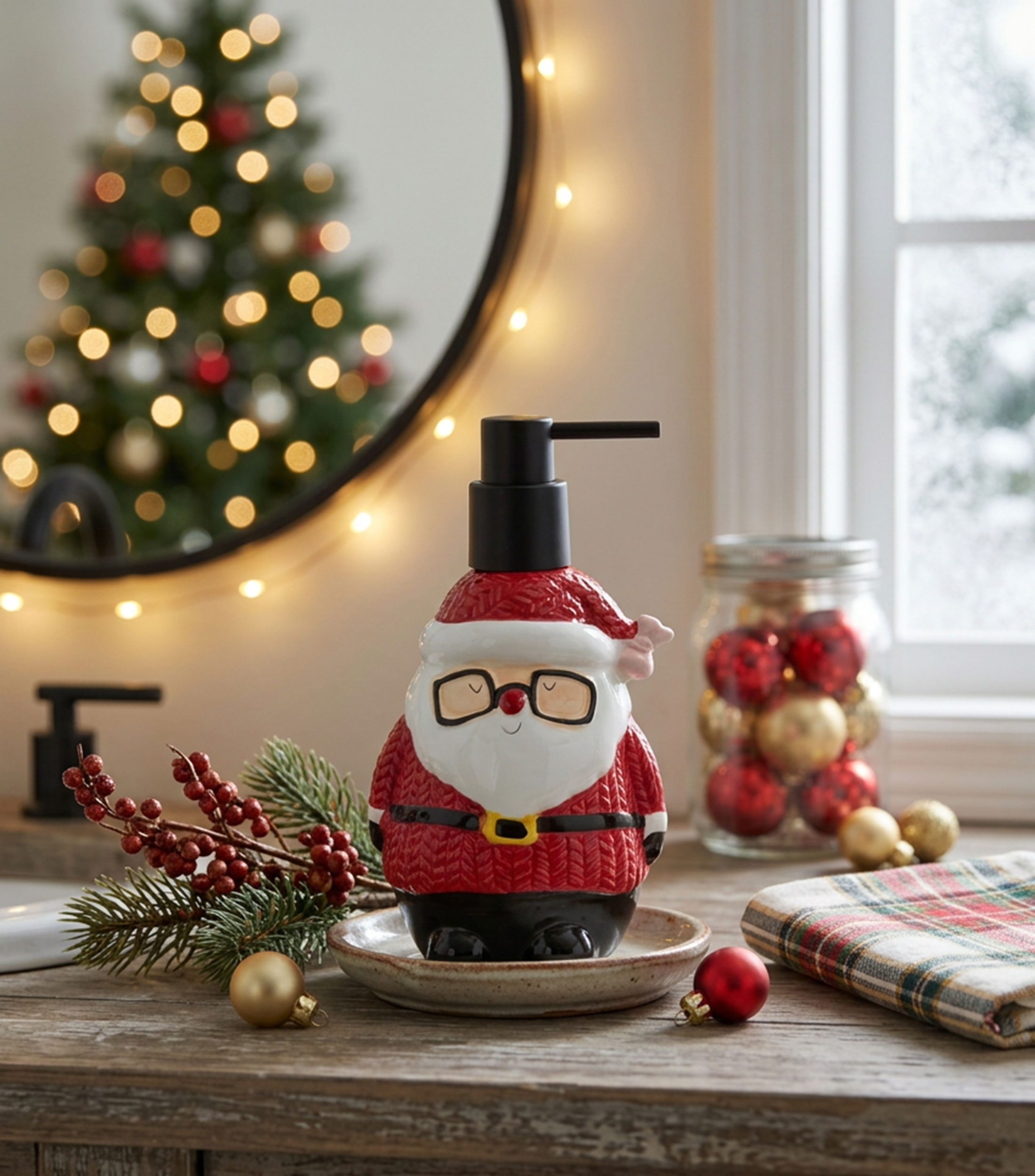 Dispensador de Jabón Santa Claus con Lentes en Cerámica