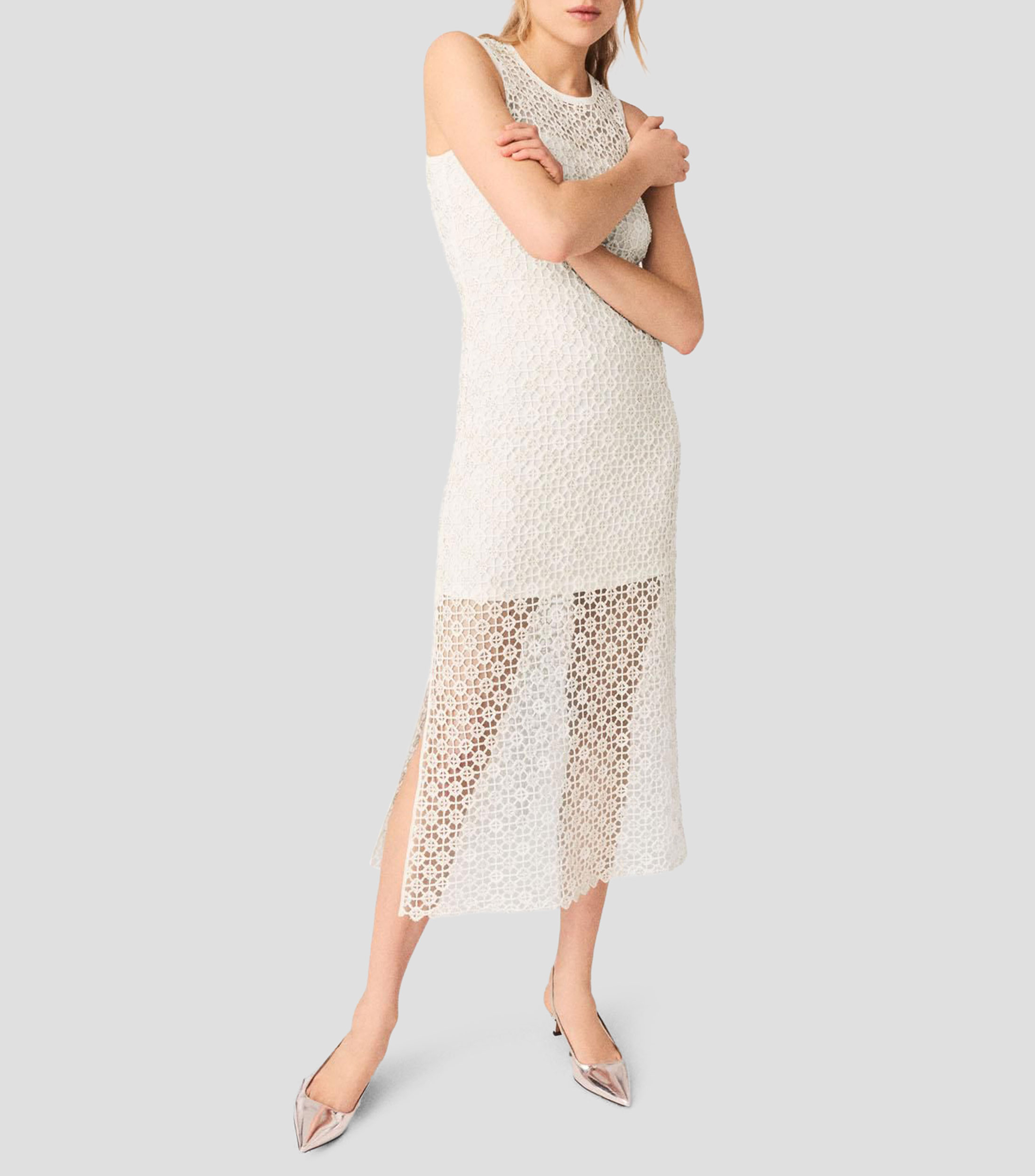Vestido midi con bordado fantasía Mujer