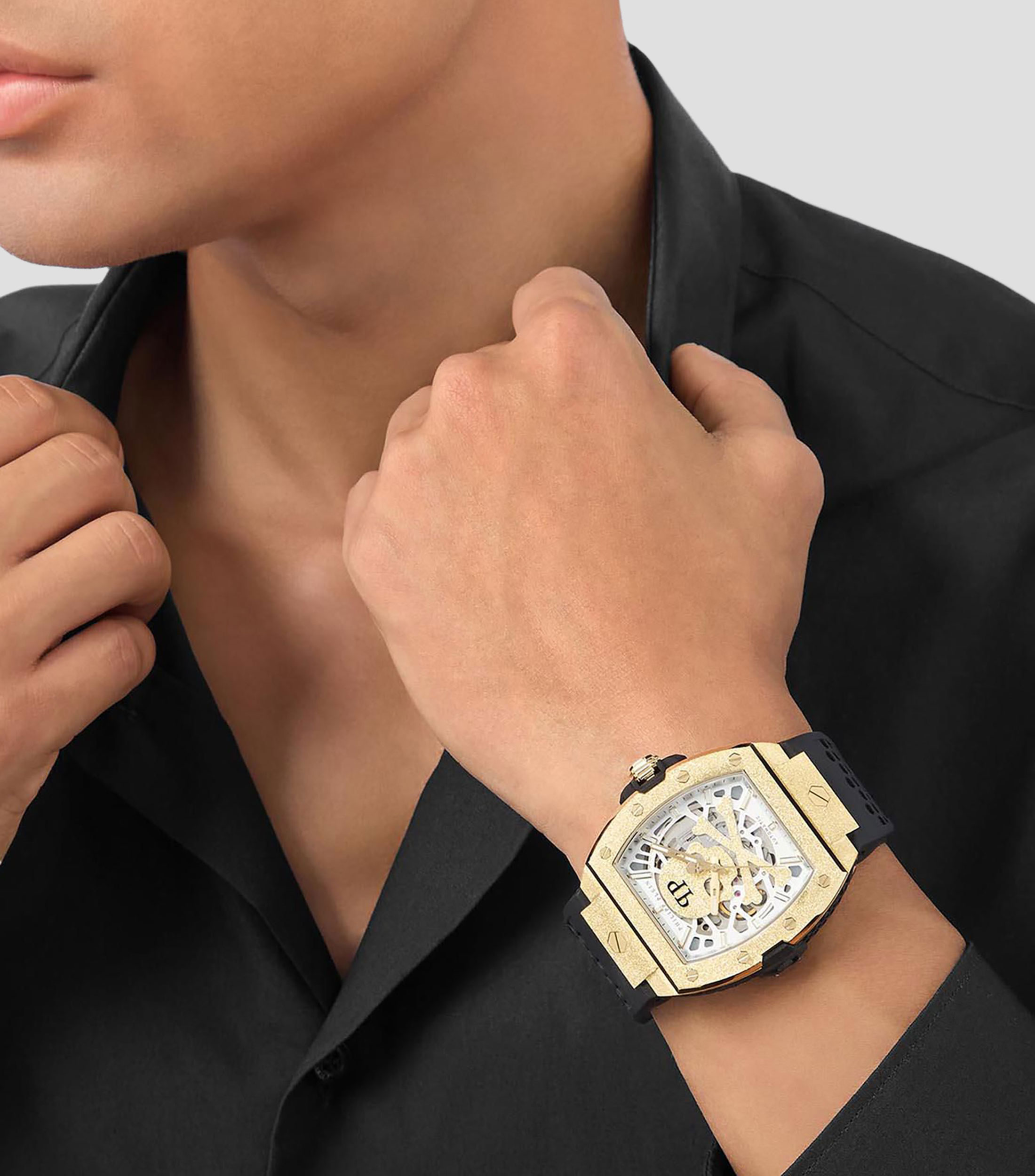 Reloj para hombre Skeleton Casual, Dorado, Negro