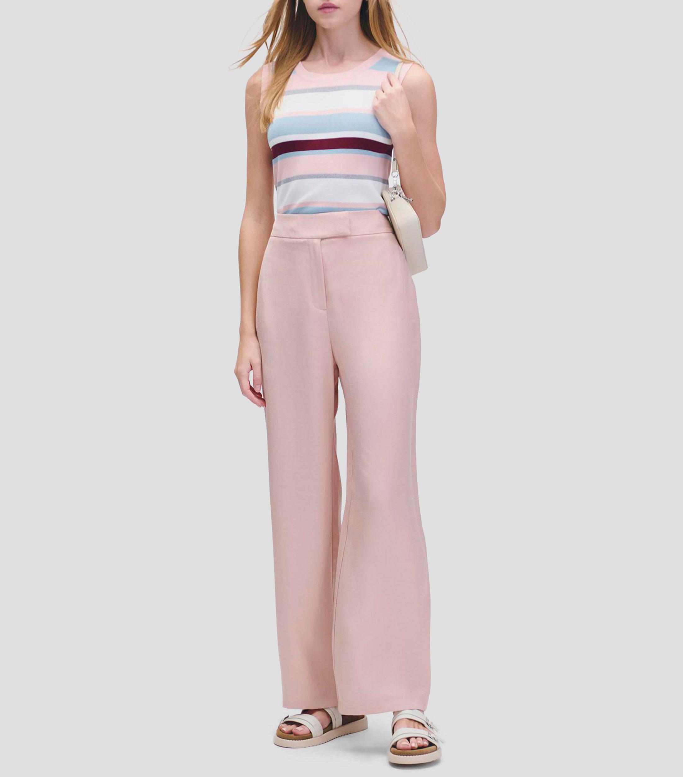 Pantalón wideleg tiro alto rosa claro de lino pretina pasada Mujer