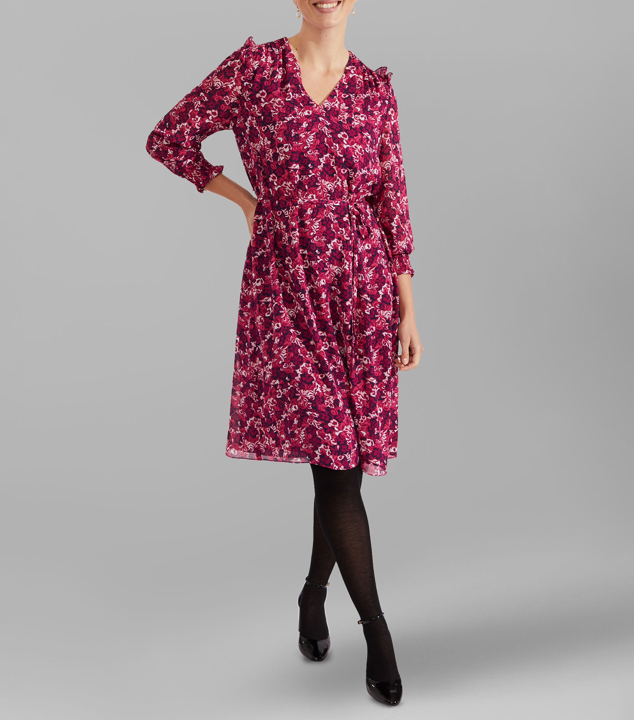 Vestido midi con flores de manga larga Mujer