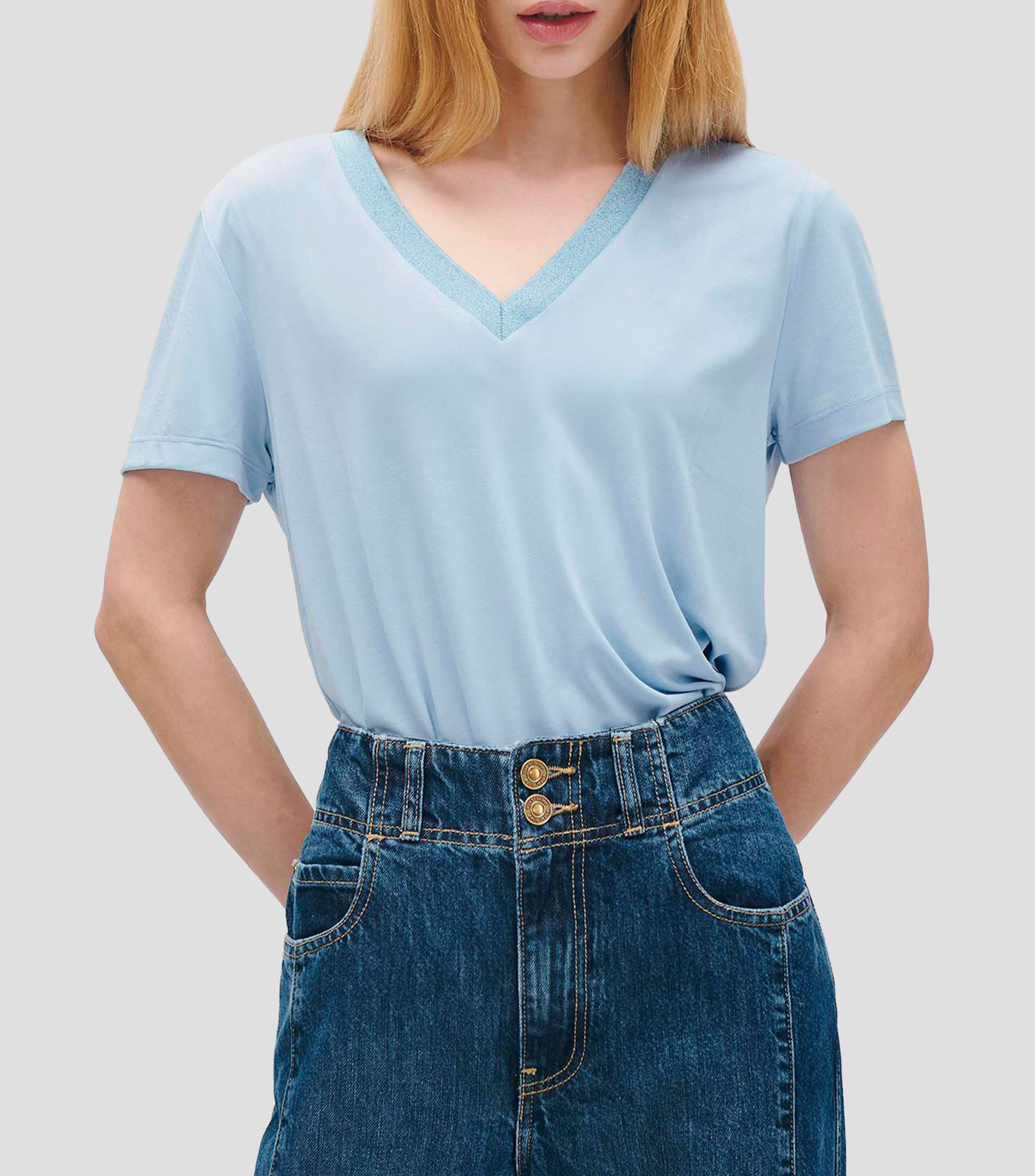 Blusa de punto tipo camiseta escote con lúrex Mujer