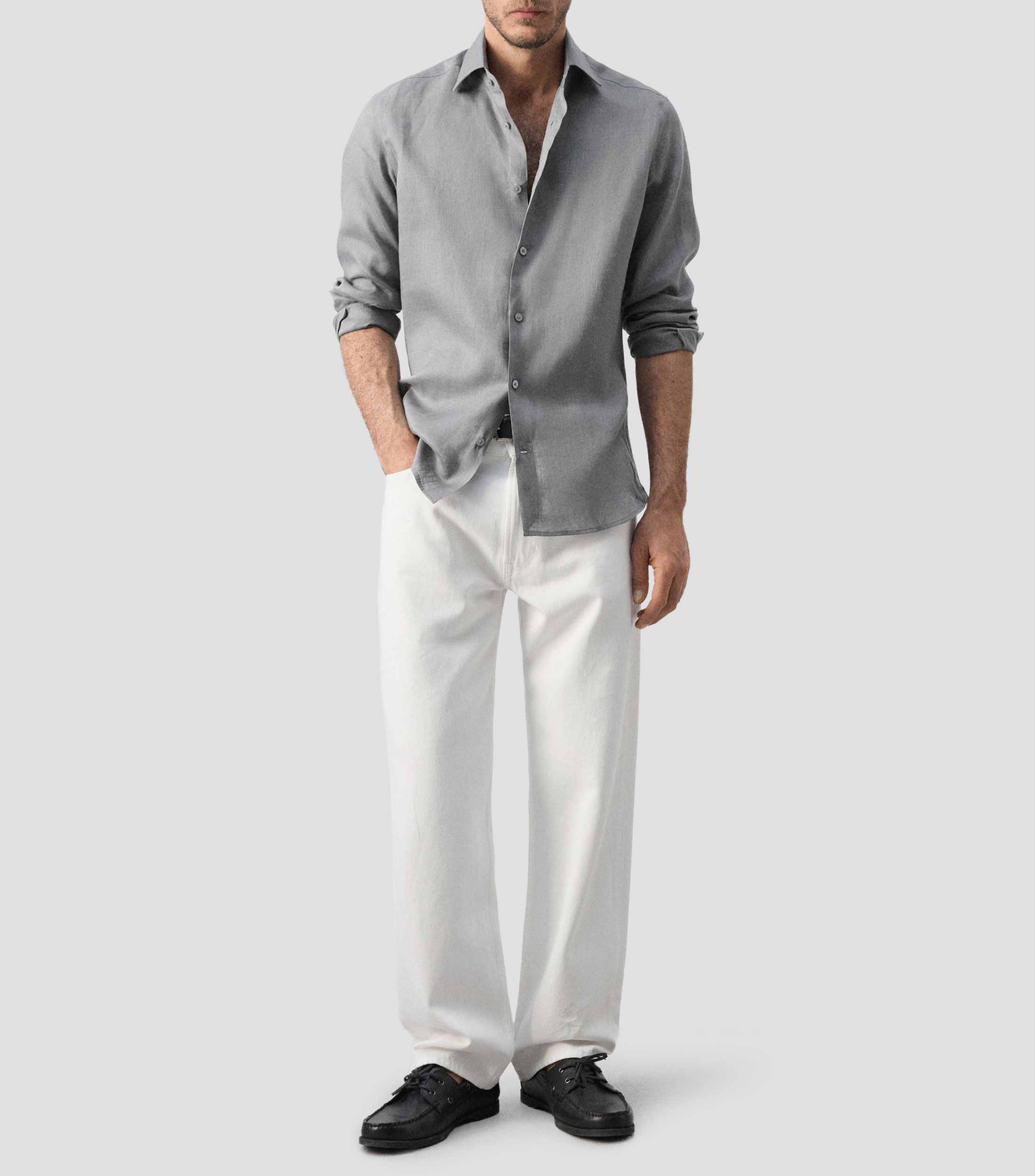 Camisa lisa de lino manga larga Hombre